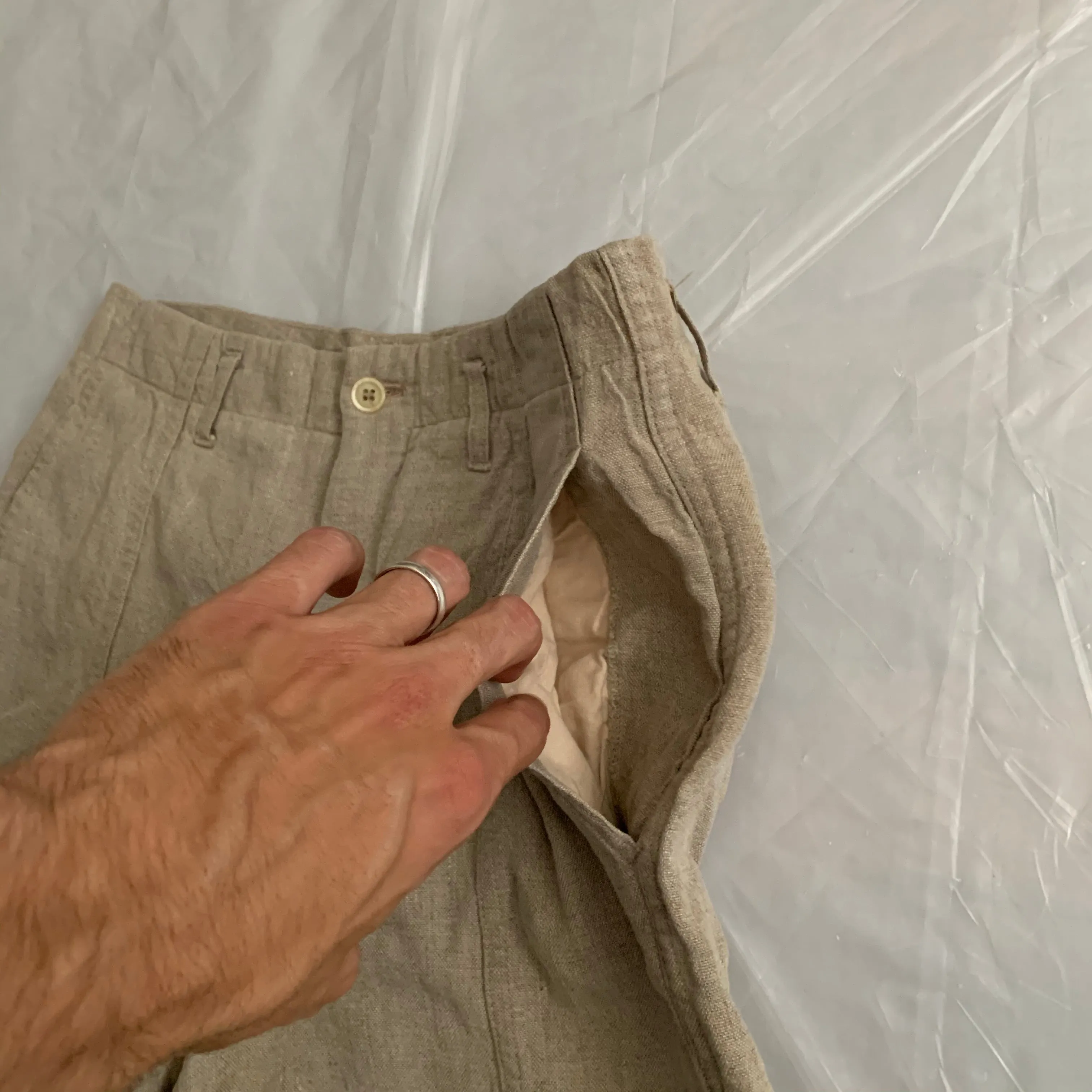 1980s CDGH Linen Trousers with Bleach Dyed Hems - Size S