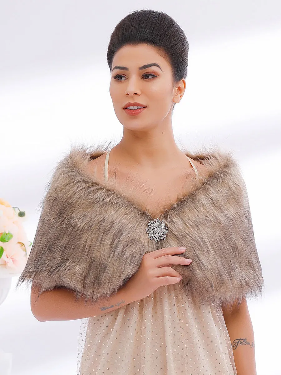 2025 Brown Faux Fur Cape Wedding Shawl Fur Stole for Party