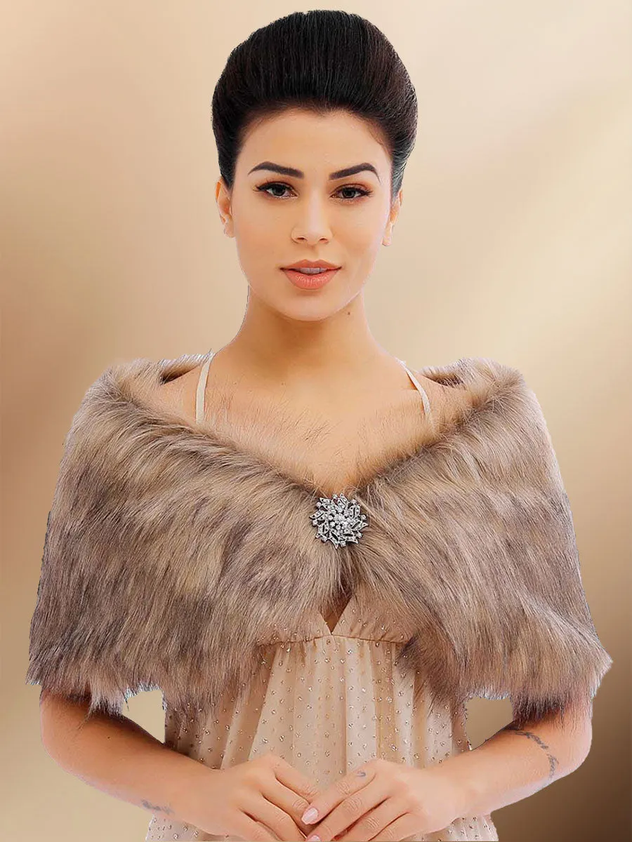 2025 Brown Faux Fur Cape Wedding Shawl Fur Stole for Party