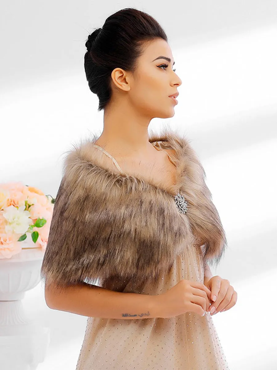 2025 Brown Faux Fur Cape Wedding Shawl Fur Stole for Party