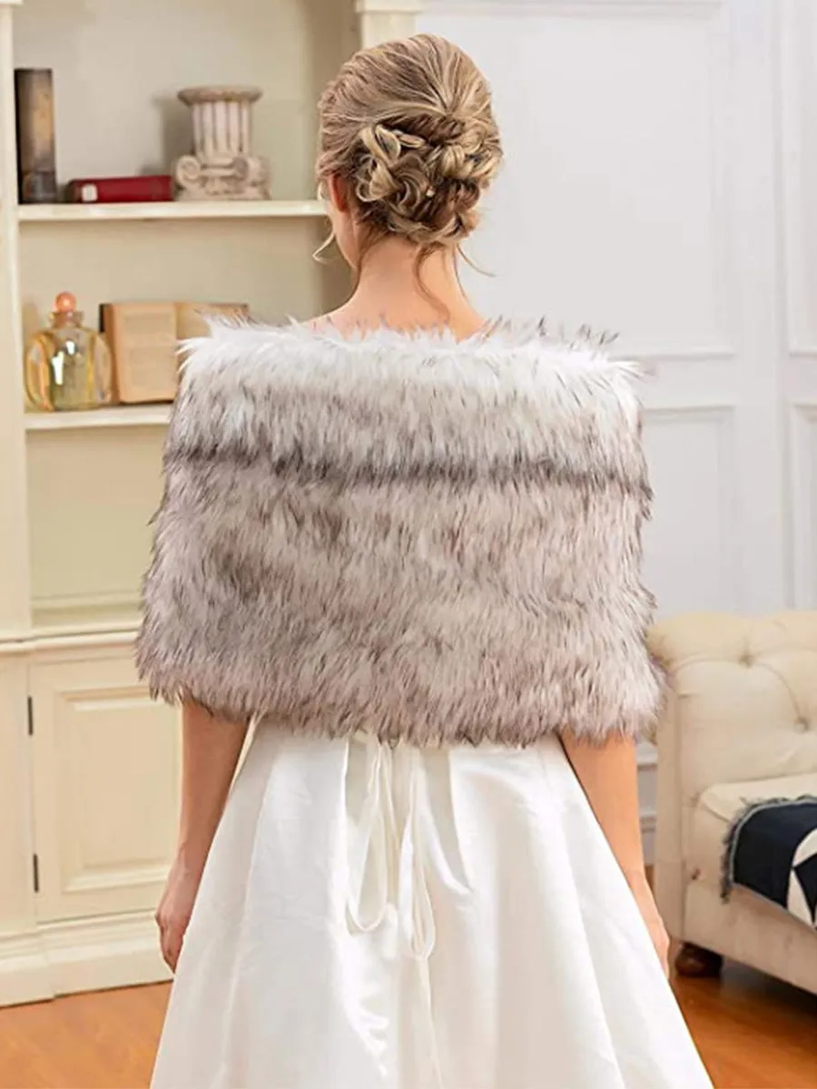 2025 Brown-White Faux Fur Furry Shawl Wedding Wrap