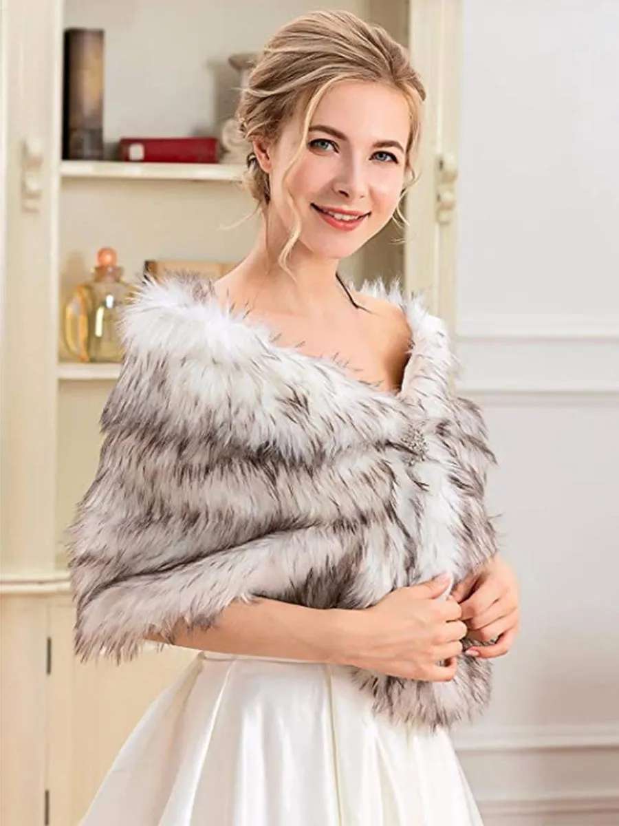 2025 Brown-White Faux Fur Furry Shawl Wedding Wrap