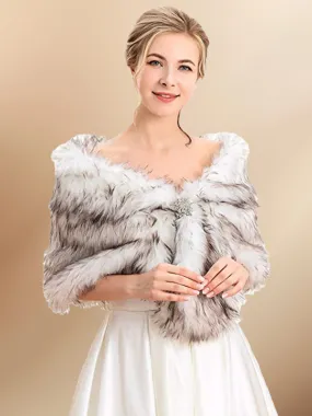 2025 Brown-White Faux Fur Furry Shawl Wedding Wrap