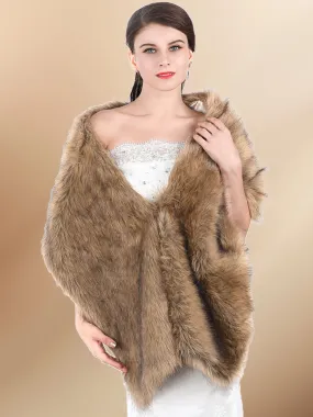 2025 Women's Brown 57.1″ long to 65″ Pile Faux Fur Wedding Shawl