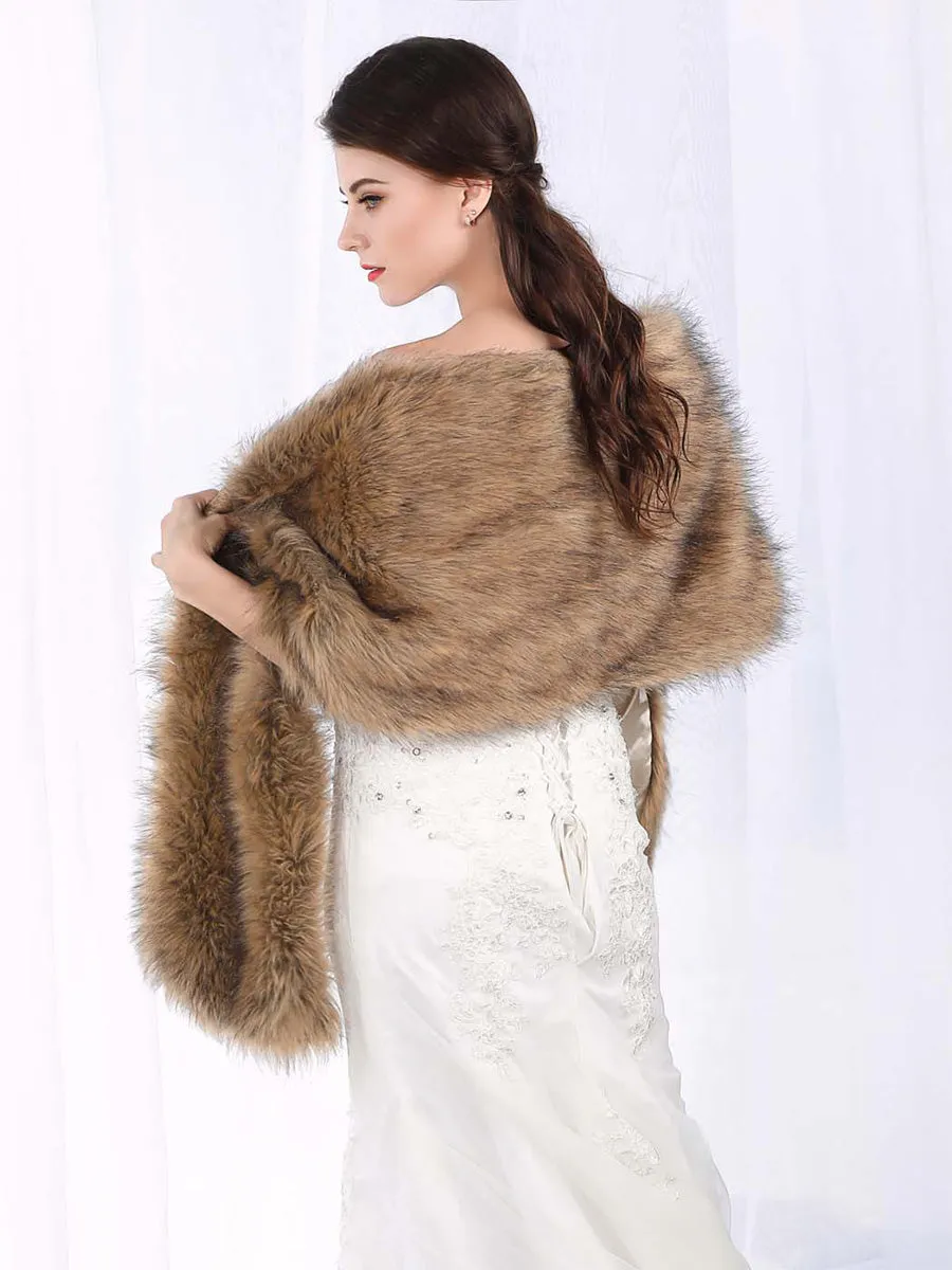 2025 Women's Brown 57.1″ long to 65″ Pile Faux Fur Wedding Shawl