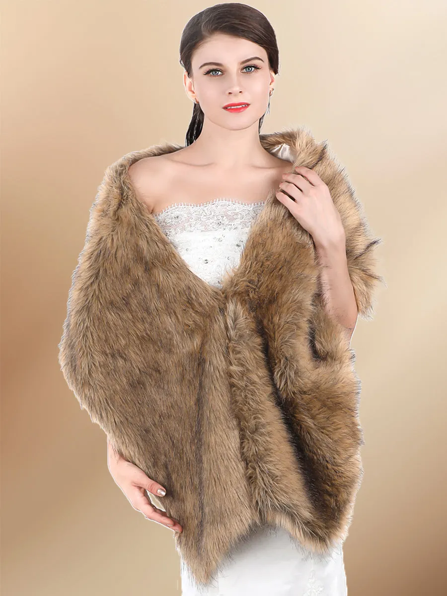 2025 Women's Brown 57.1″ long to 65″ Pile Faux Fur Wedding Shawl