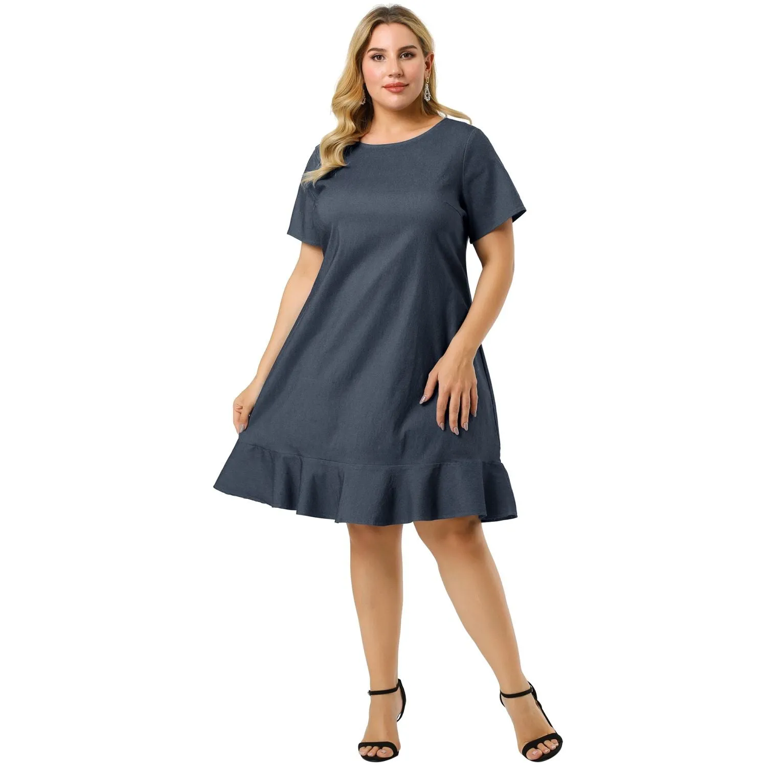 Agnes Orinda Women's Plus Size Short Sleeve Ruffle Denim Summer Casual Dress , dark blue