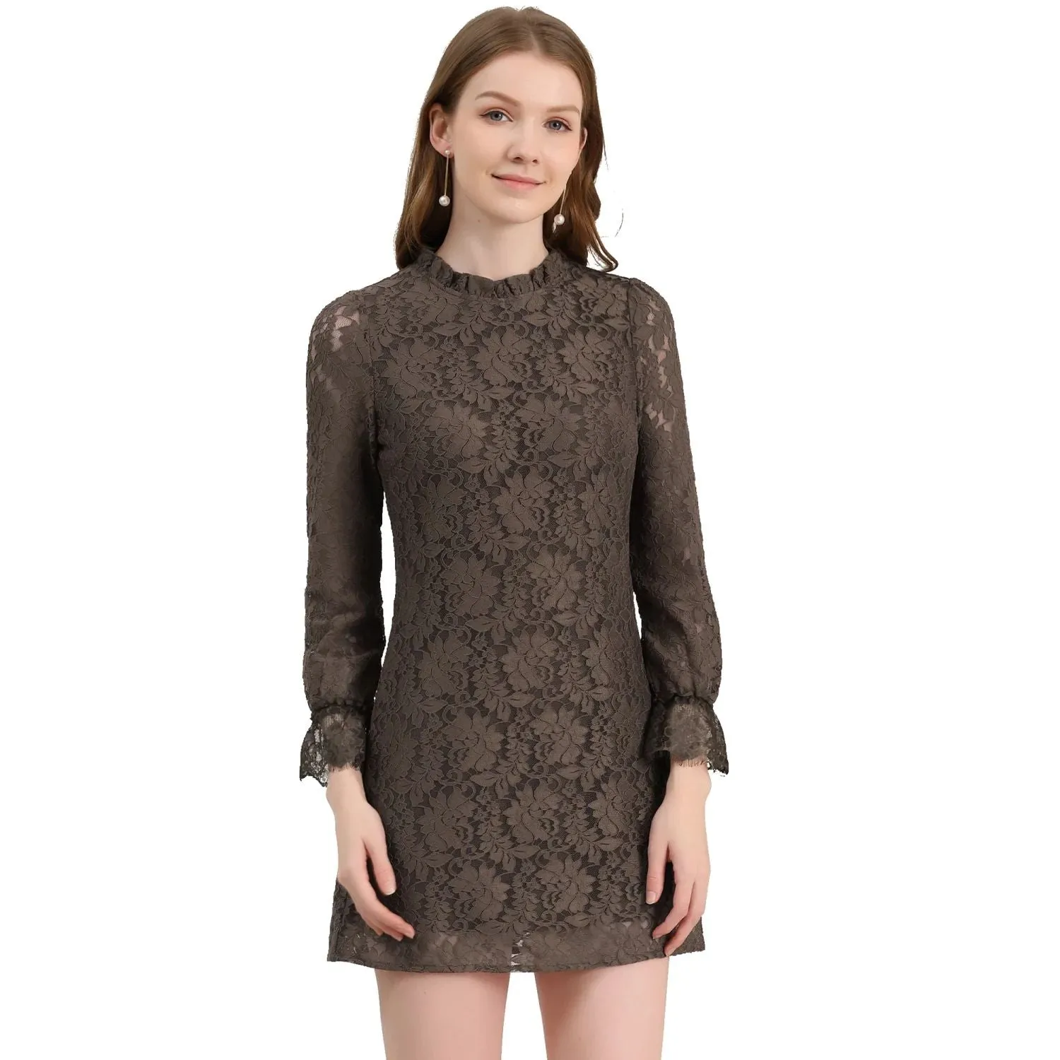 ALLEGRA K Women's Casual Ruffle Crew Neck Long Sleeve Floral Print Mini Dress ,  brown