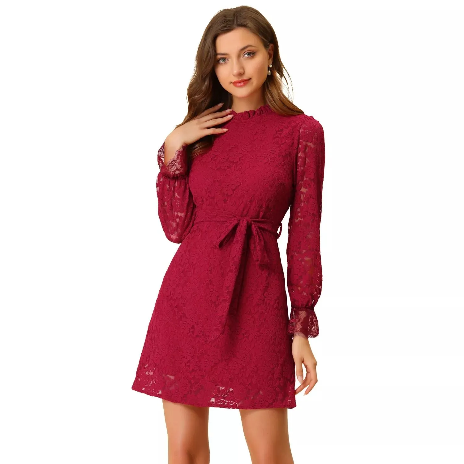ALLEGRA K Women's Casual Ruffle Crew Neck Long Sleeve Floral Print Mini Dress ,  red