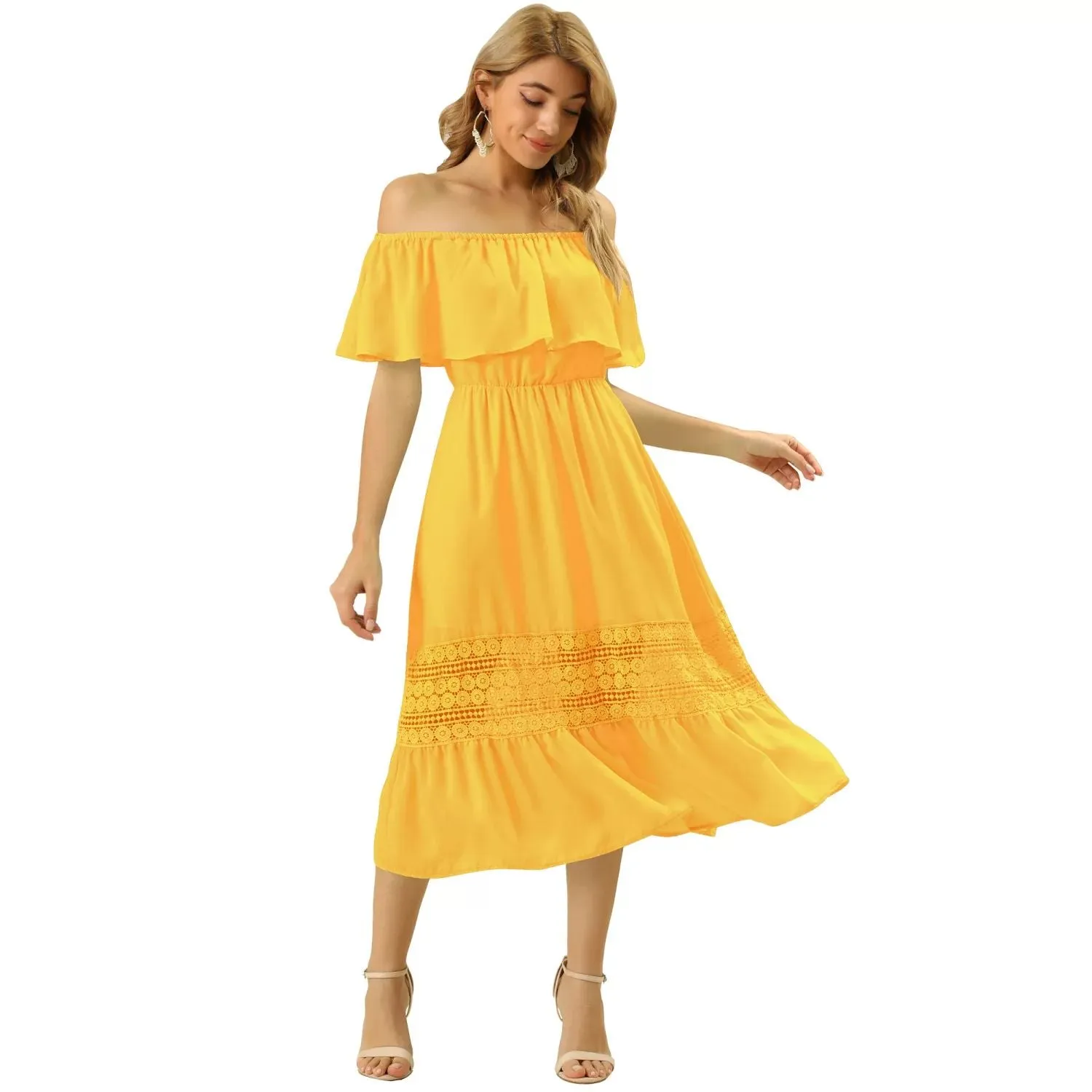 ALLEGRA K Women's Fly Sleeve Off Shoulder Ruffle Maxi Dress with Lace Insert