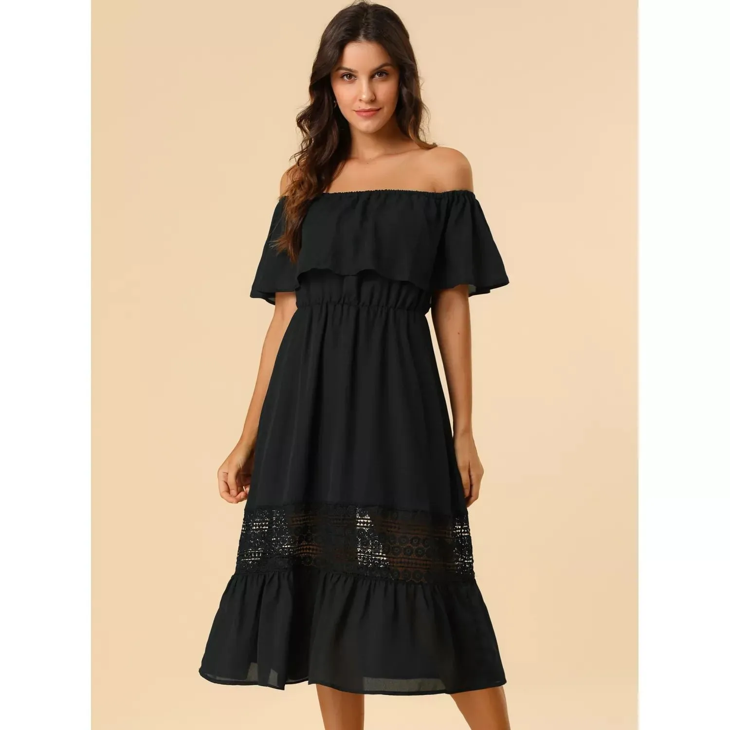 ALLEGRA K Women's Fly Sleeve Off Shoulder Ruffle Maxi Dress with Lace Insert