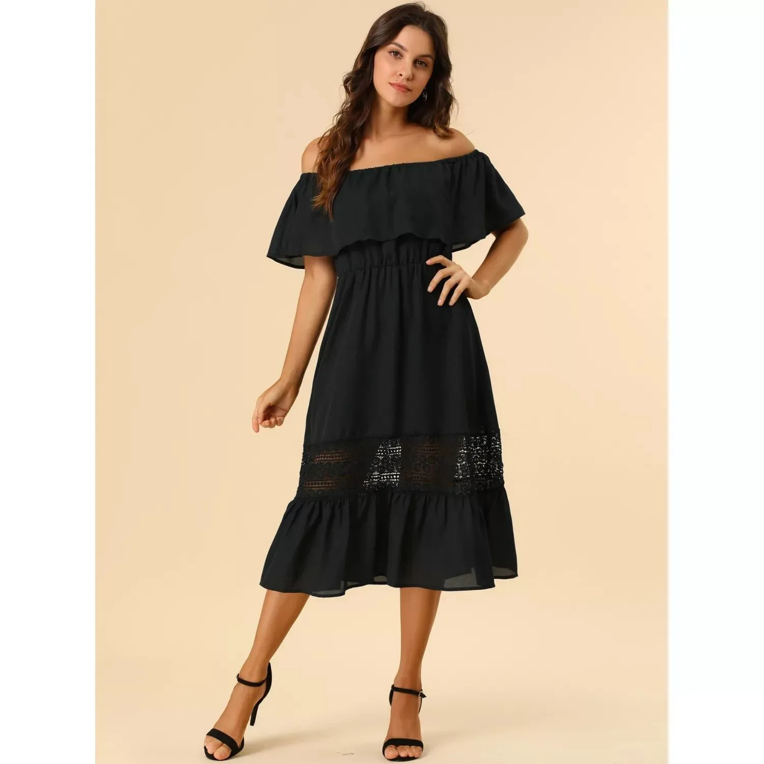 ALLEGRA K Women's Fly Sleeve Off Shoulder Ruffle Maxi Dress with Lace Insert
