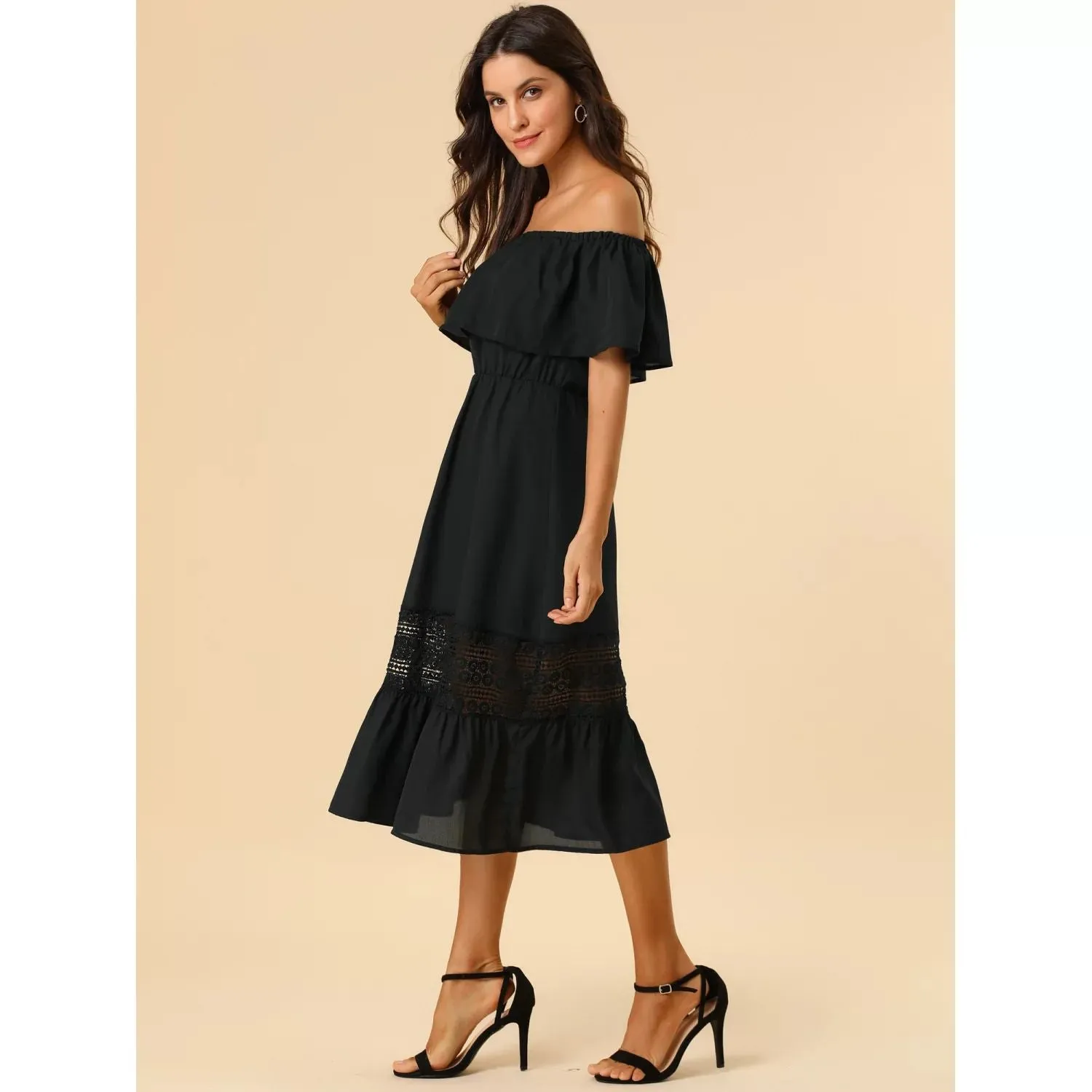 ALLEGRA K Women's Fly Sleeve Off Shoulder Ruffle Maxi Dress with Lace Insert