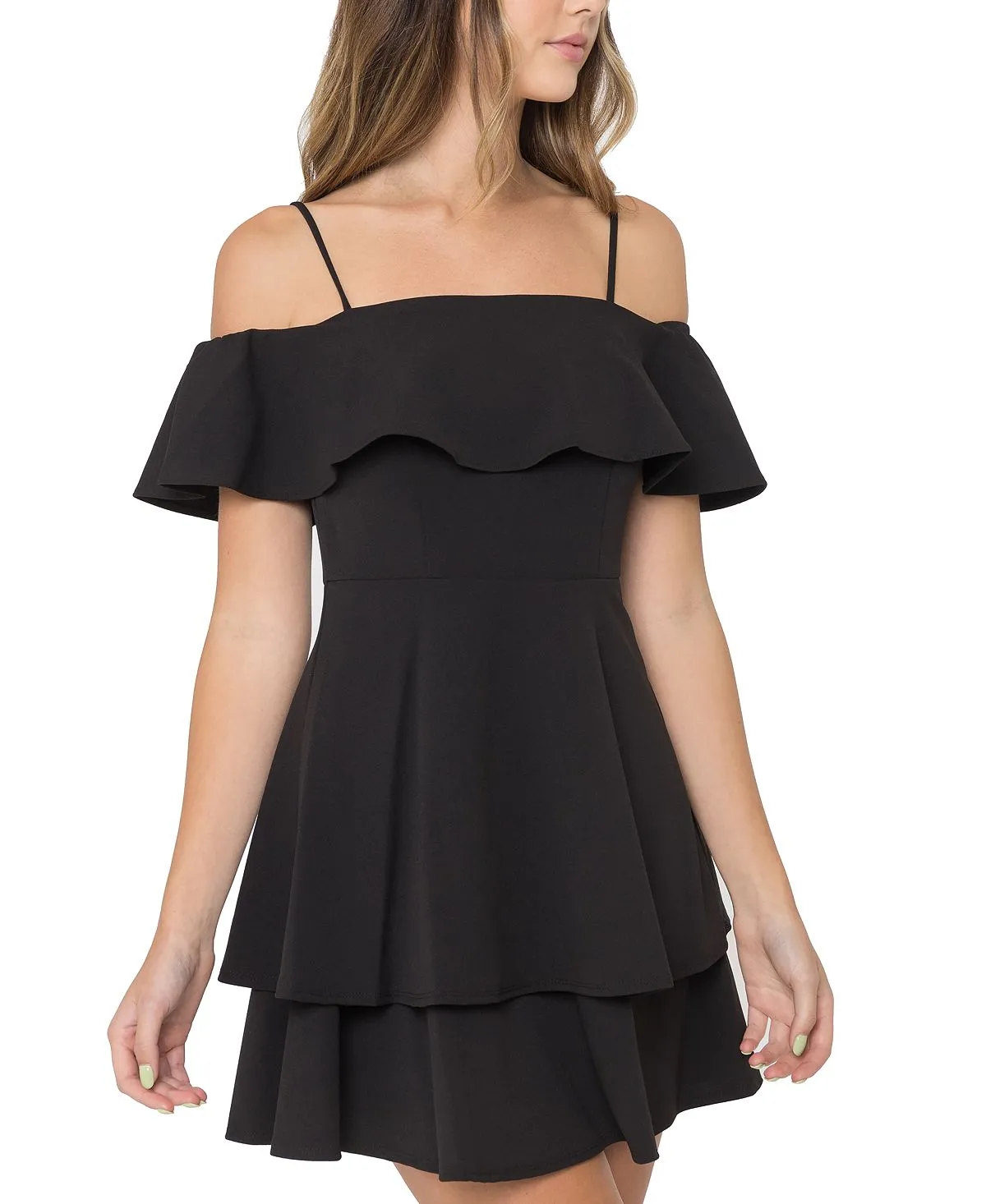 B Darlin Ruffle Off Shoulder Junior Dress, Black