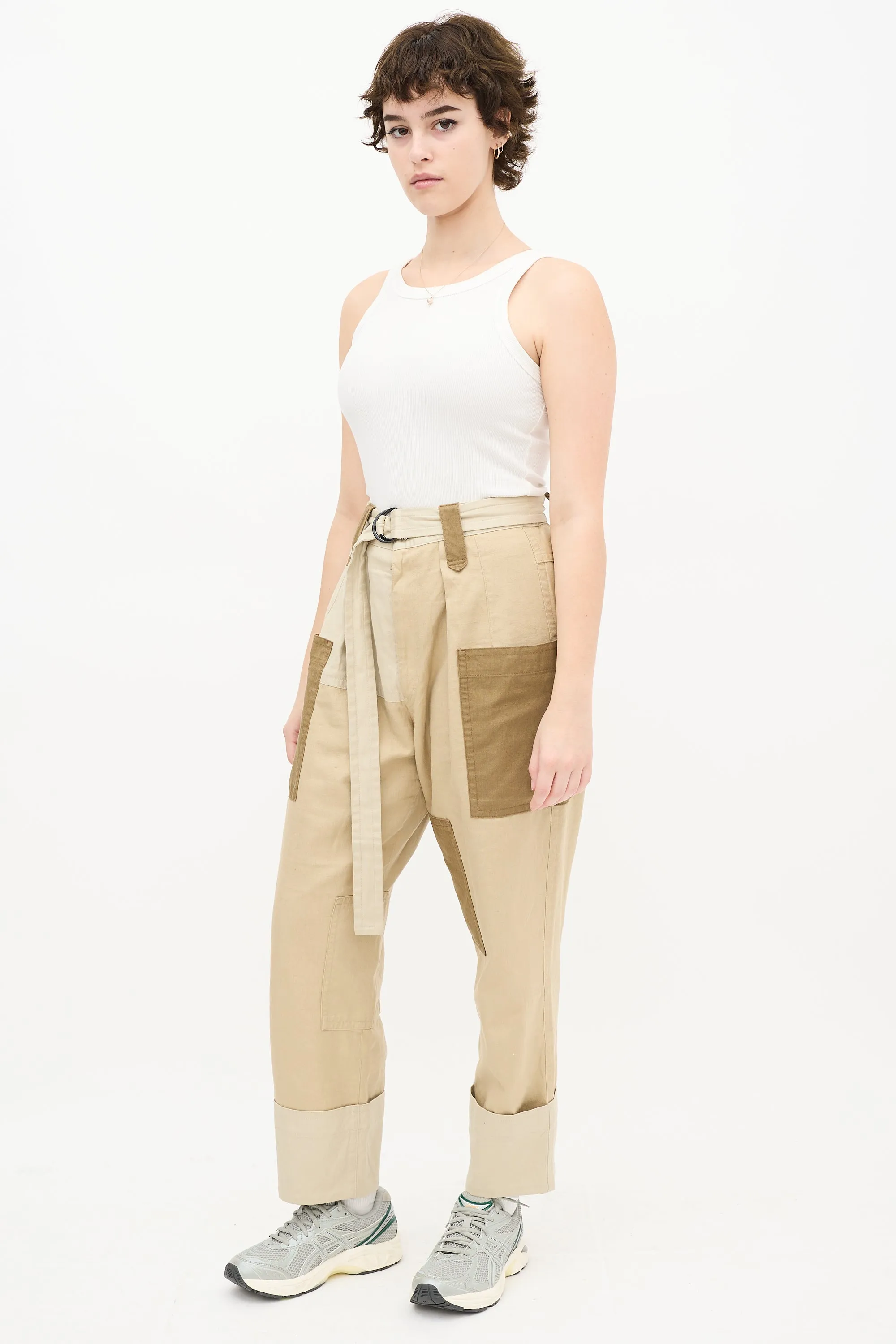 Beige Panelled Cropped Trouser