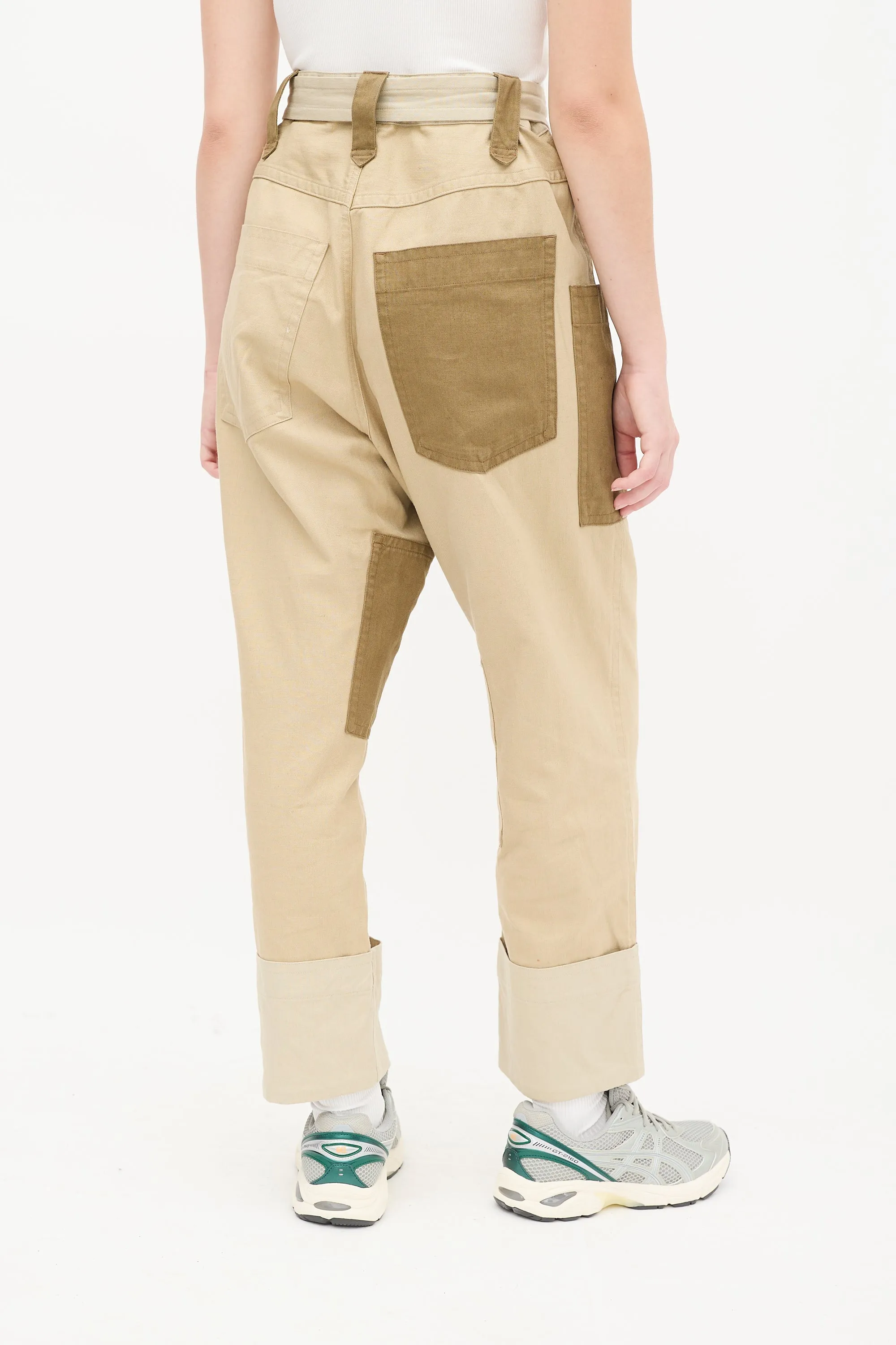 Beige Panelled Cropped Trouser