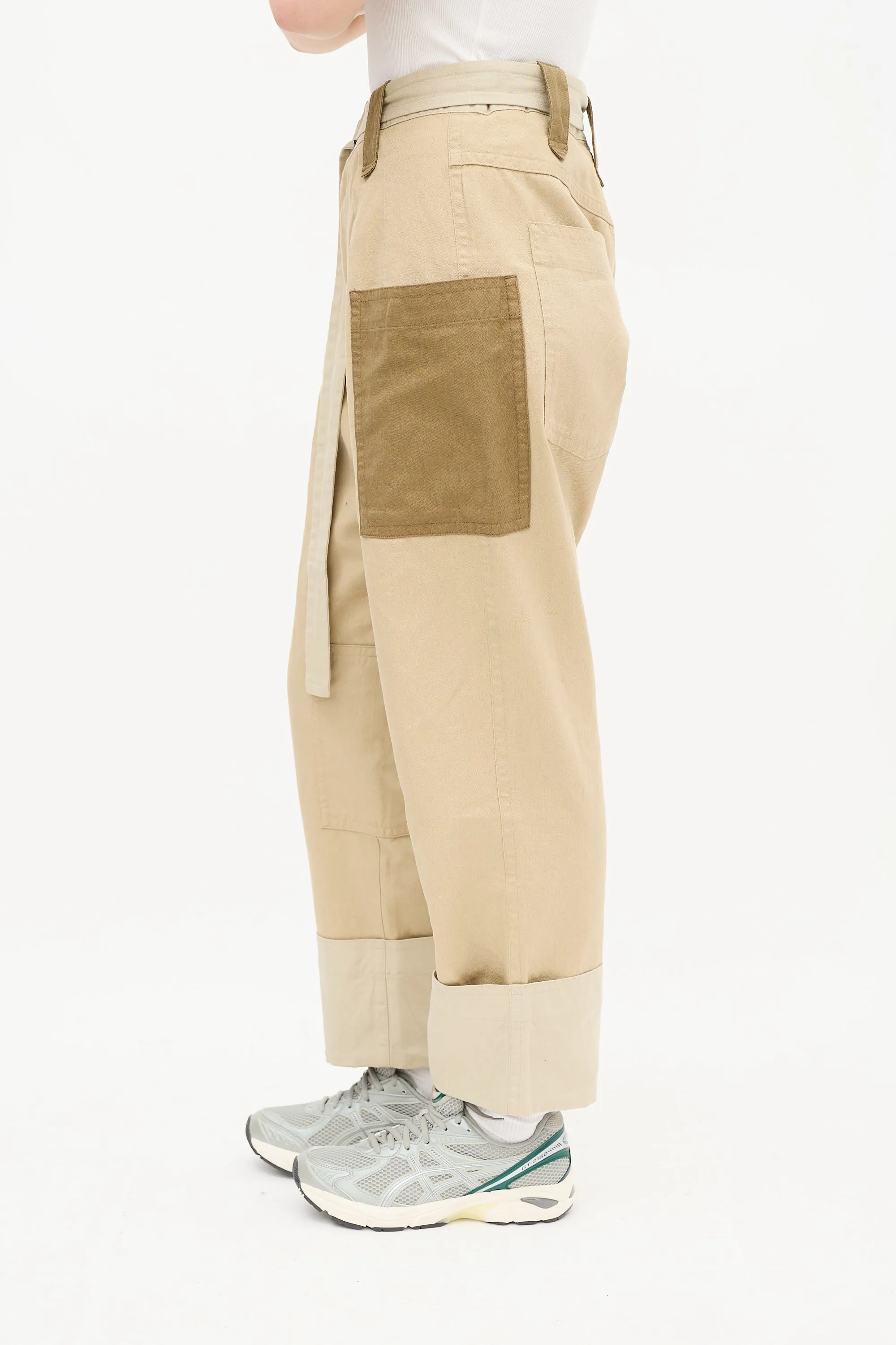 Beige Panelled Cropped Trouser