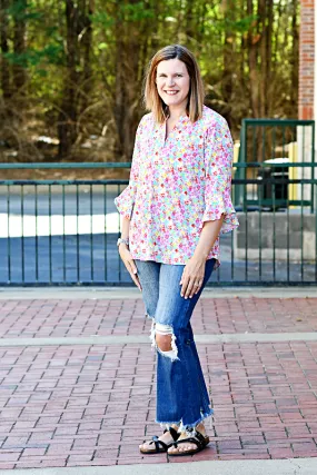Bell Sleeve Floral Print Top in Lavender