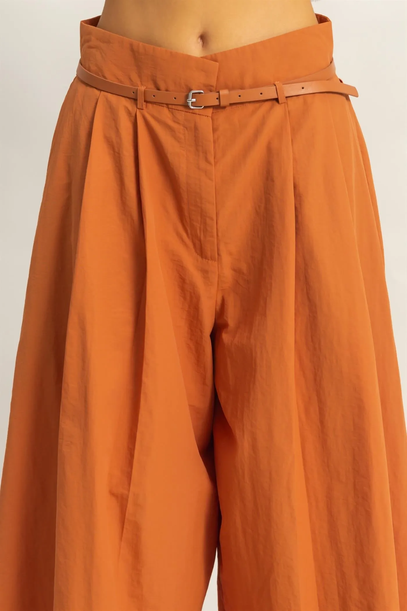 Belted Pleated High-Waist Culotte Pants- Caramel