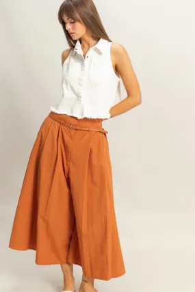 Belted Pleated High-Waist Culotte Pants- Caramel