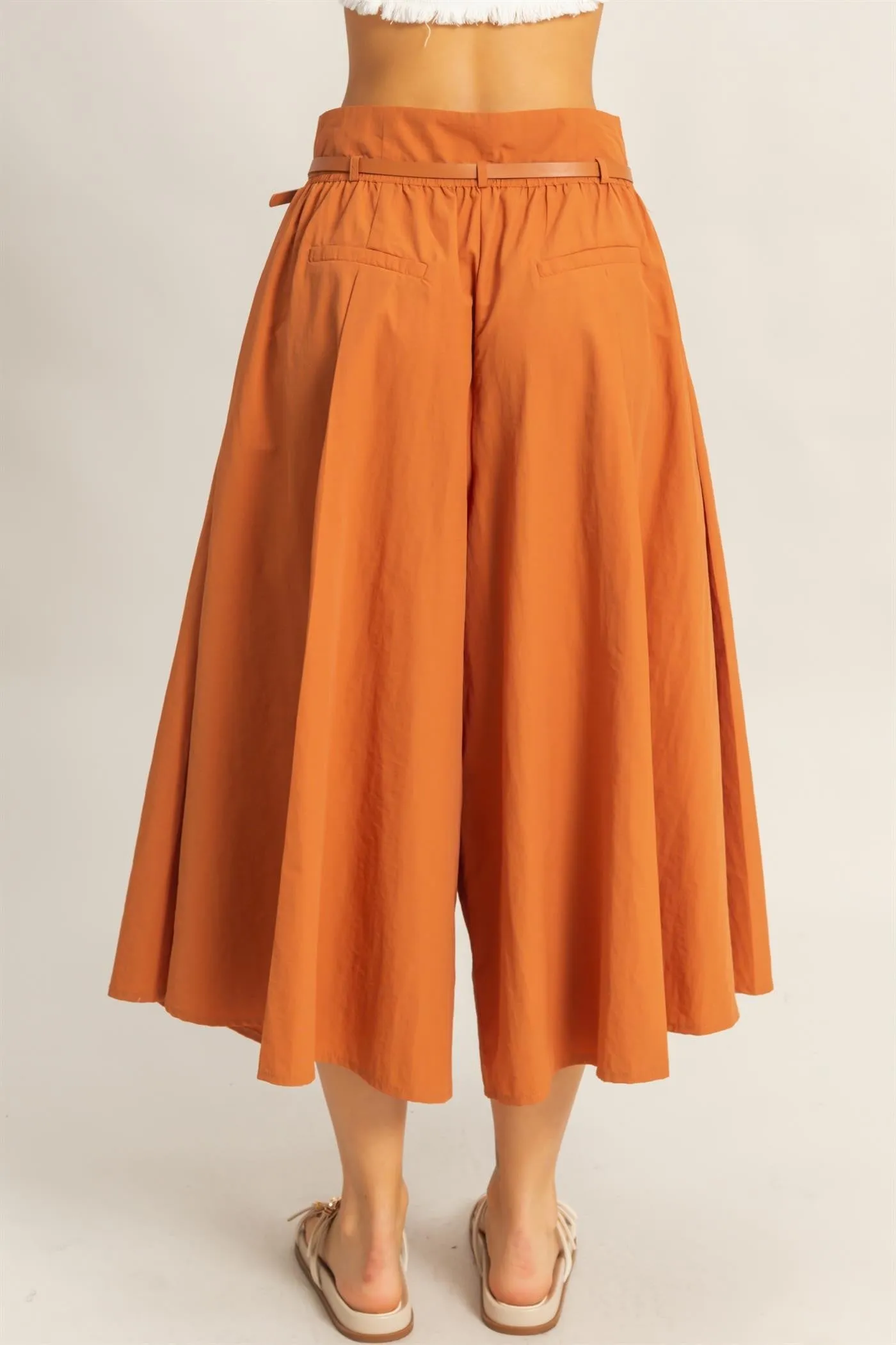 Belted Pleated High-Waist Culotte Pants- Caramel