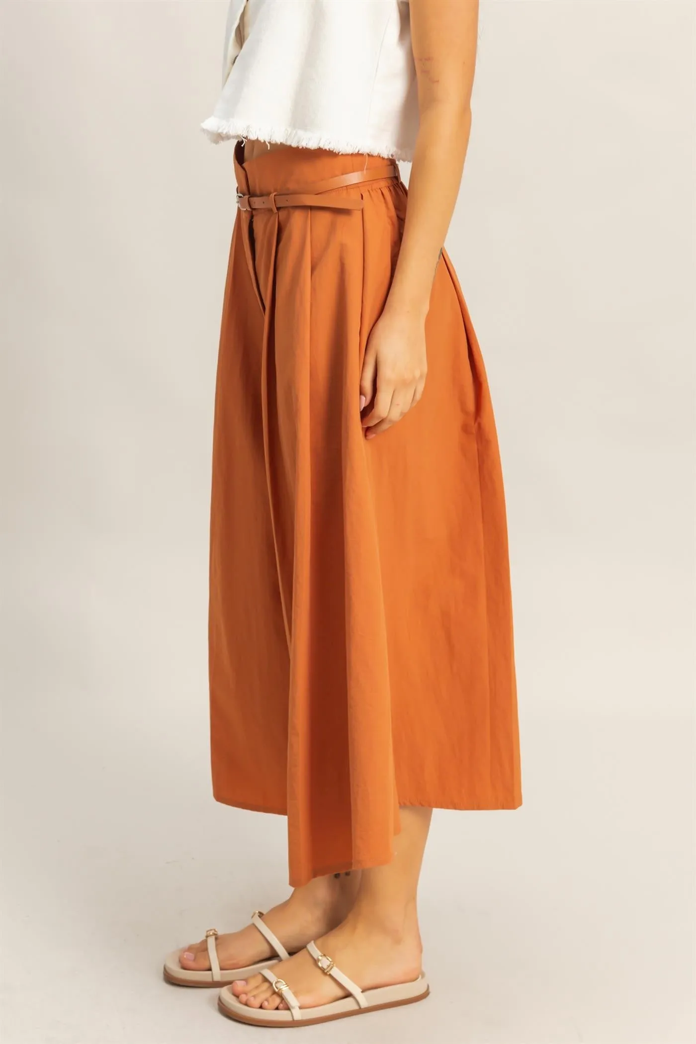 Belted Pleated High-Waist Culotte Pants- Caramel