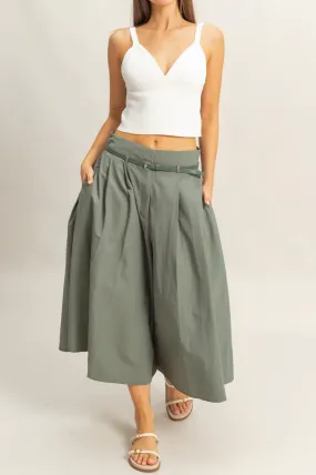 Belted Pleated High-Waist Culotte Pants - Olive Gray