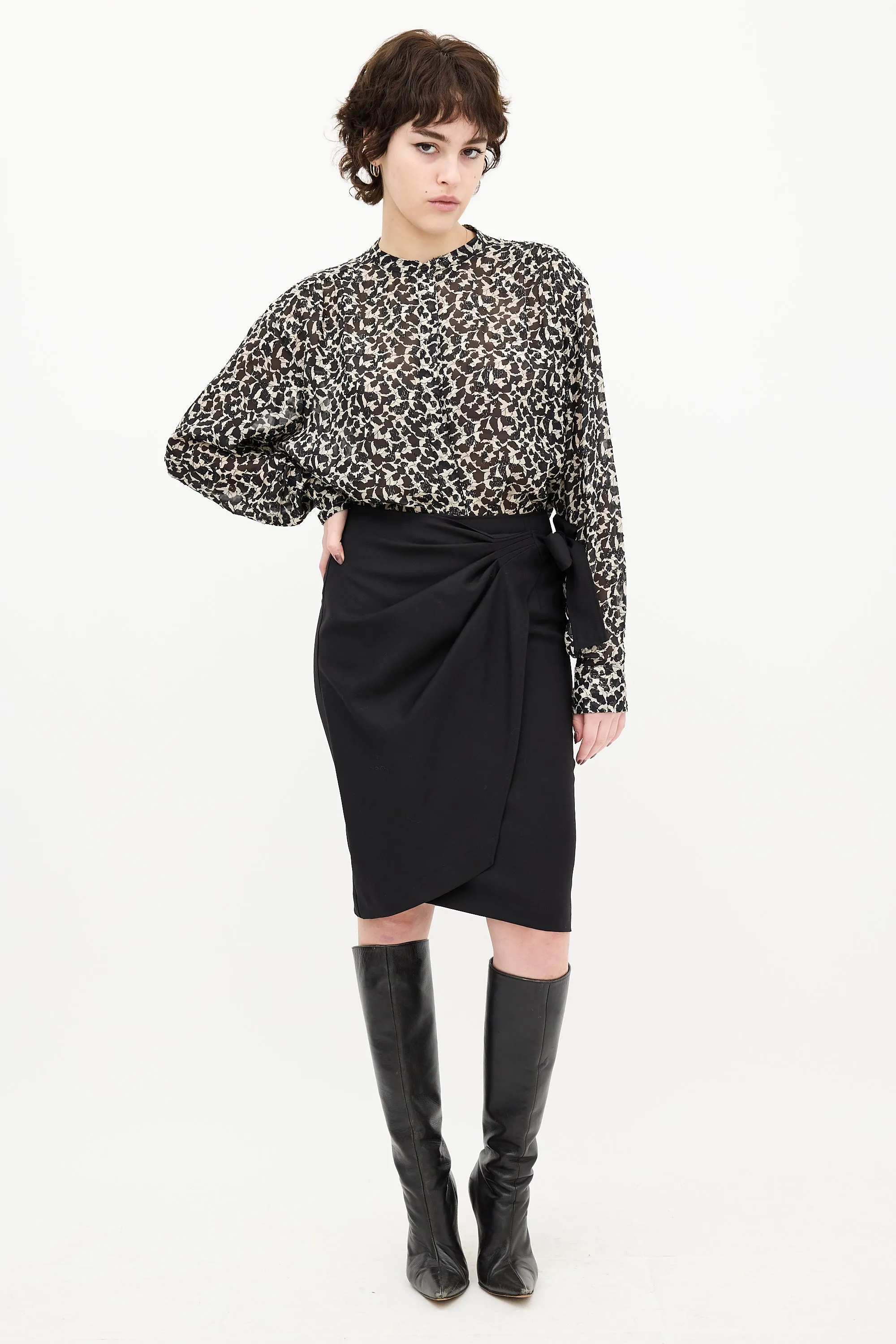 Black & Beige Sheer Printed Blouse
