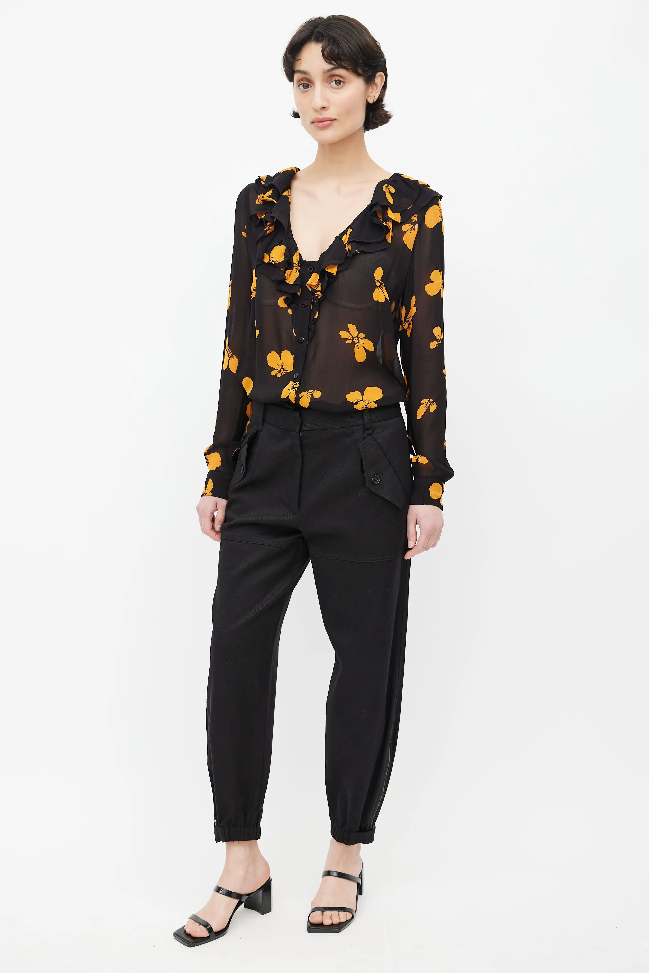 Black & Orange Floral Semi Sheer Blouse