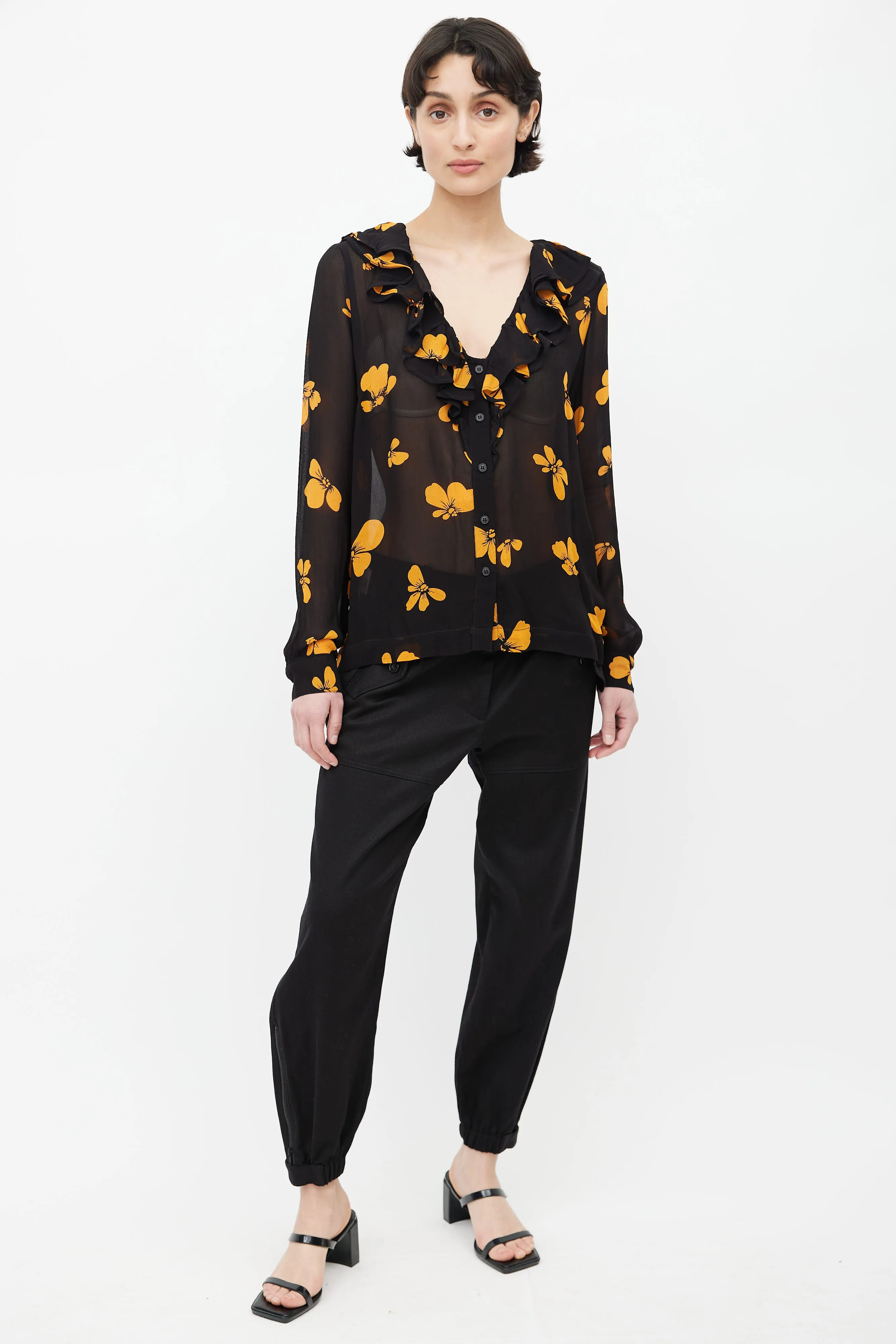 Black & Orange Floral Semi Sheer Blouse