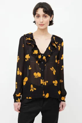 Black & Orange Floral Semi Sheer Blouse