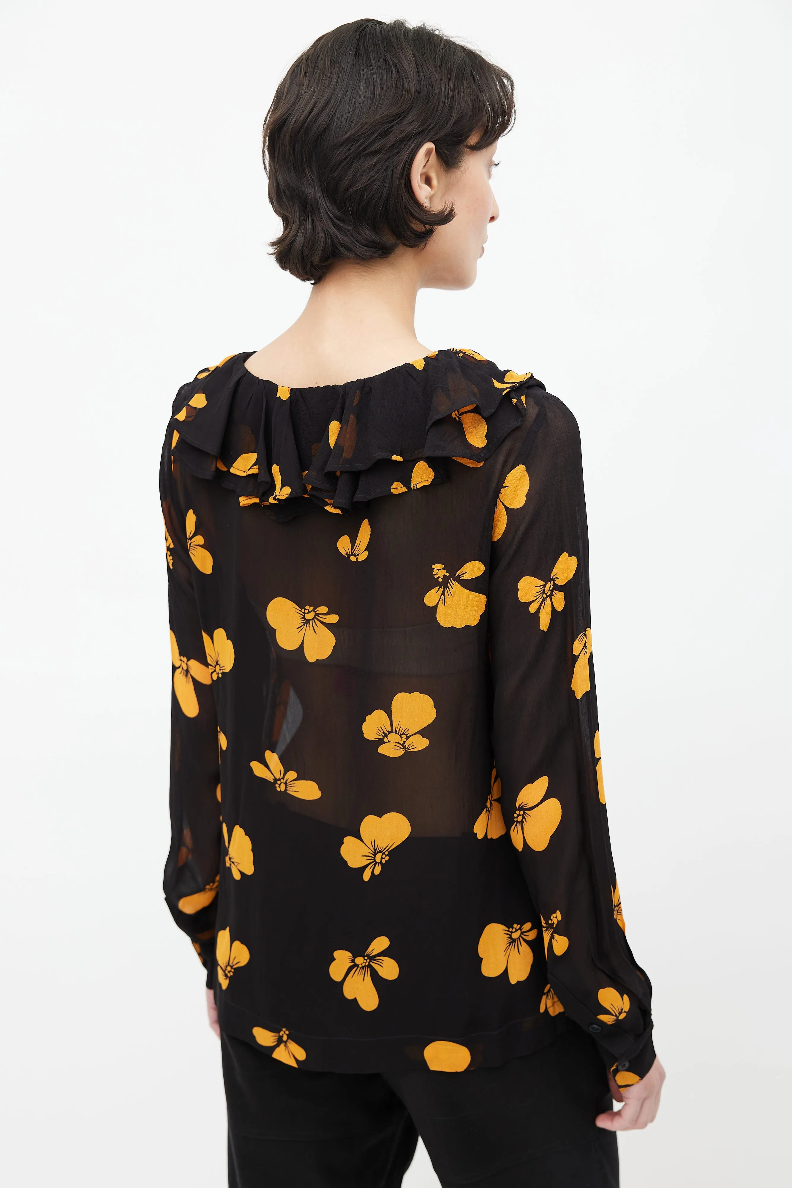 Black & Orange Floral Semi Sheer Blouse