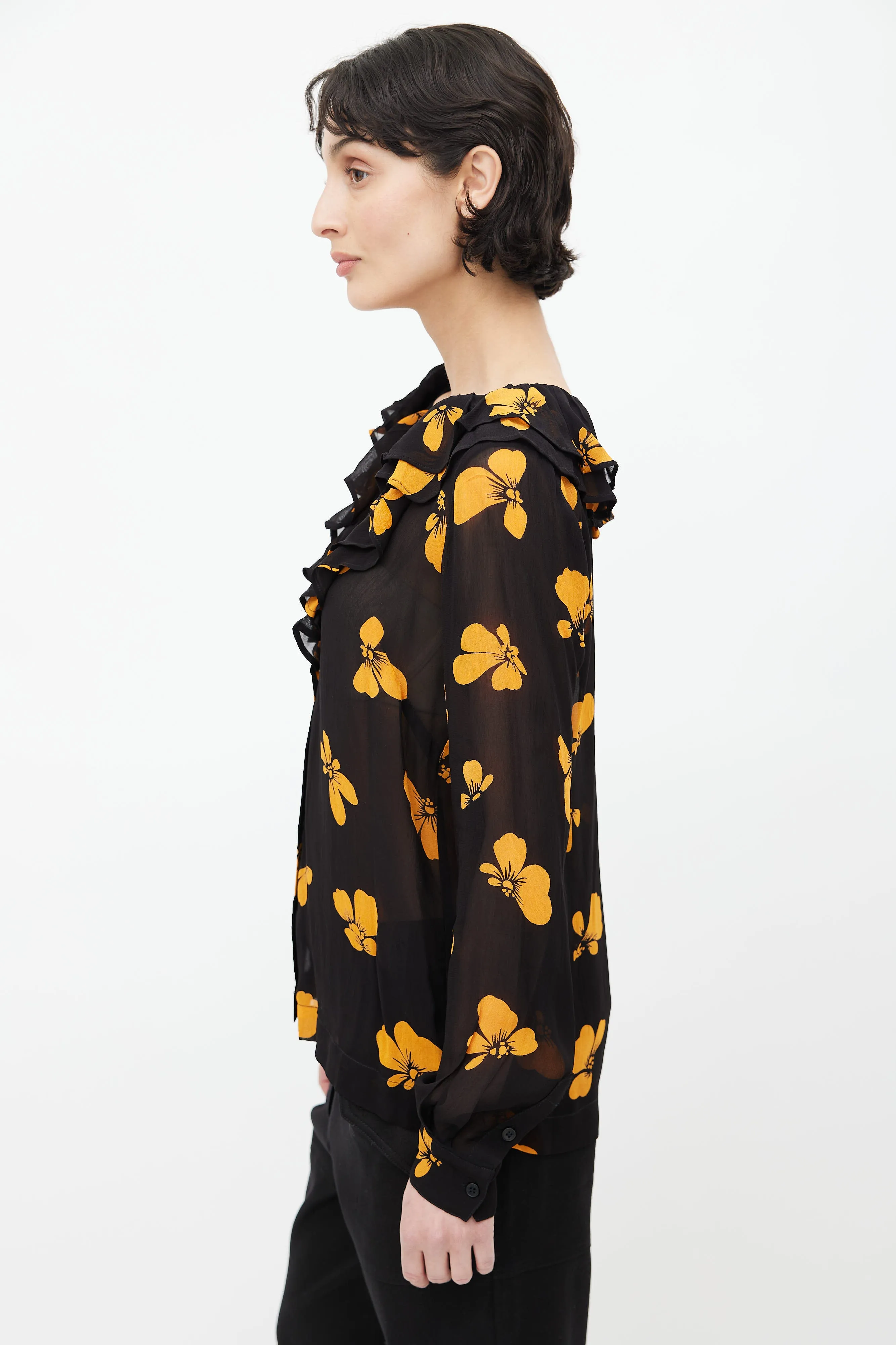 Black & Orange Floral Semi Sheer Blouse
