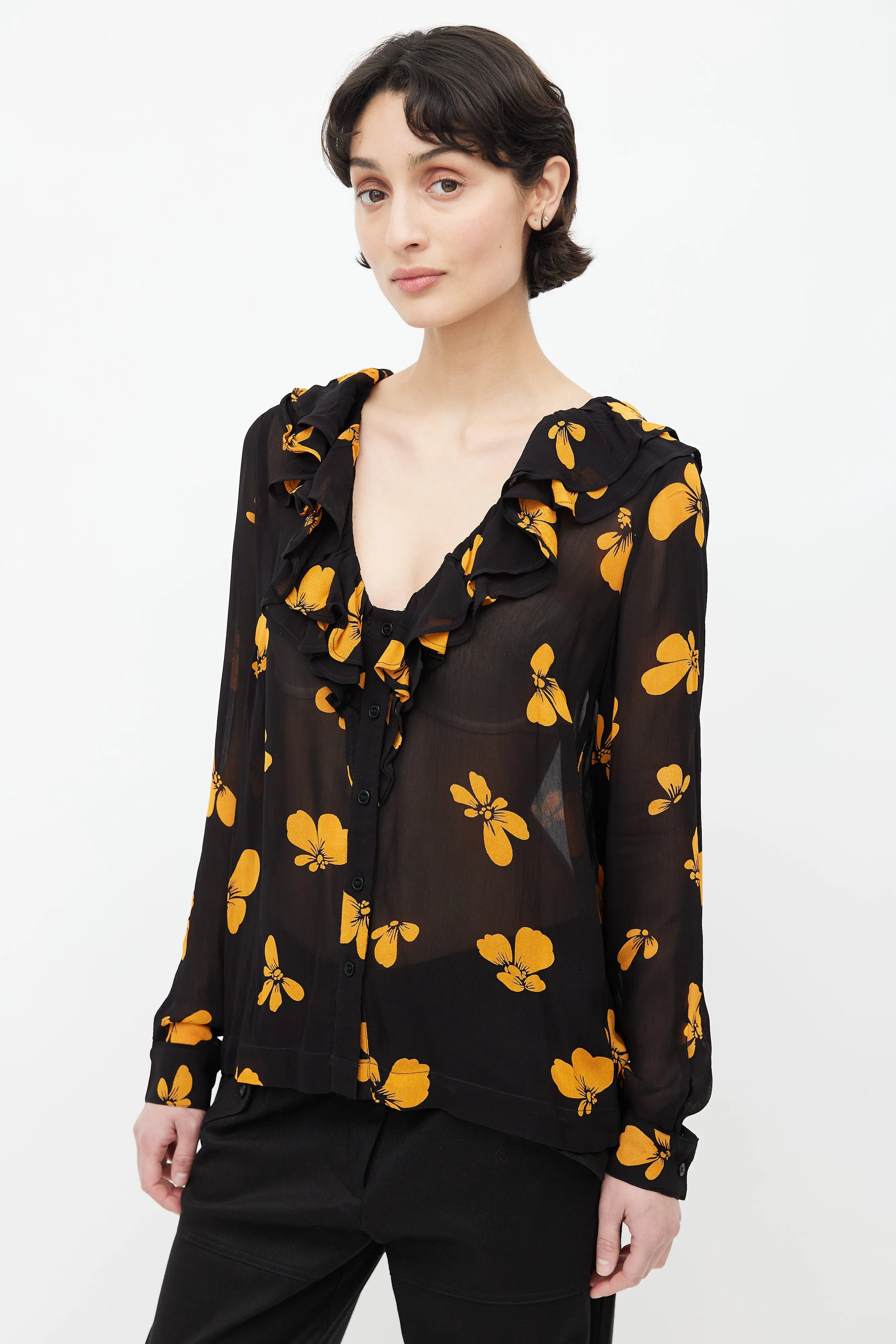 Black & Orange Floral Semi Sheer Blouse