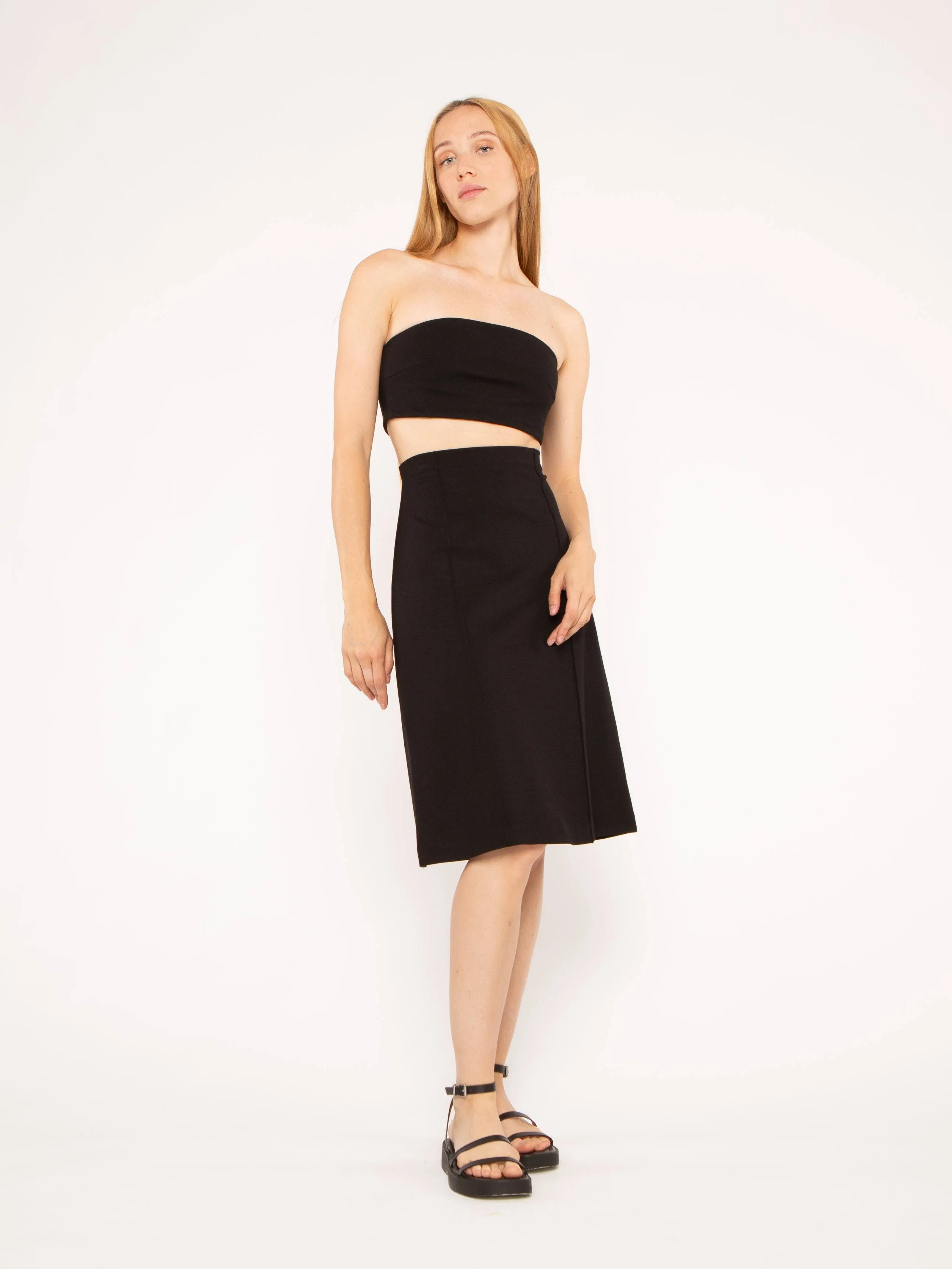 Black Ponte Knit A-Line Midi Skirt