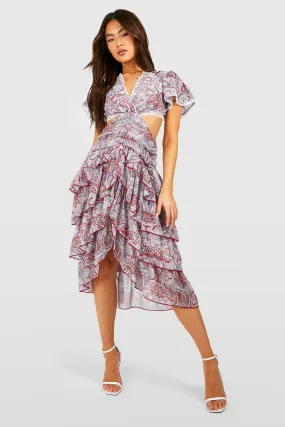 Boohoo Paisley Ruffle Midi Dress, Pink