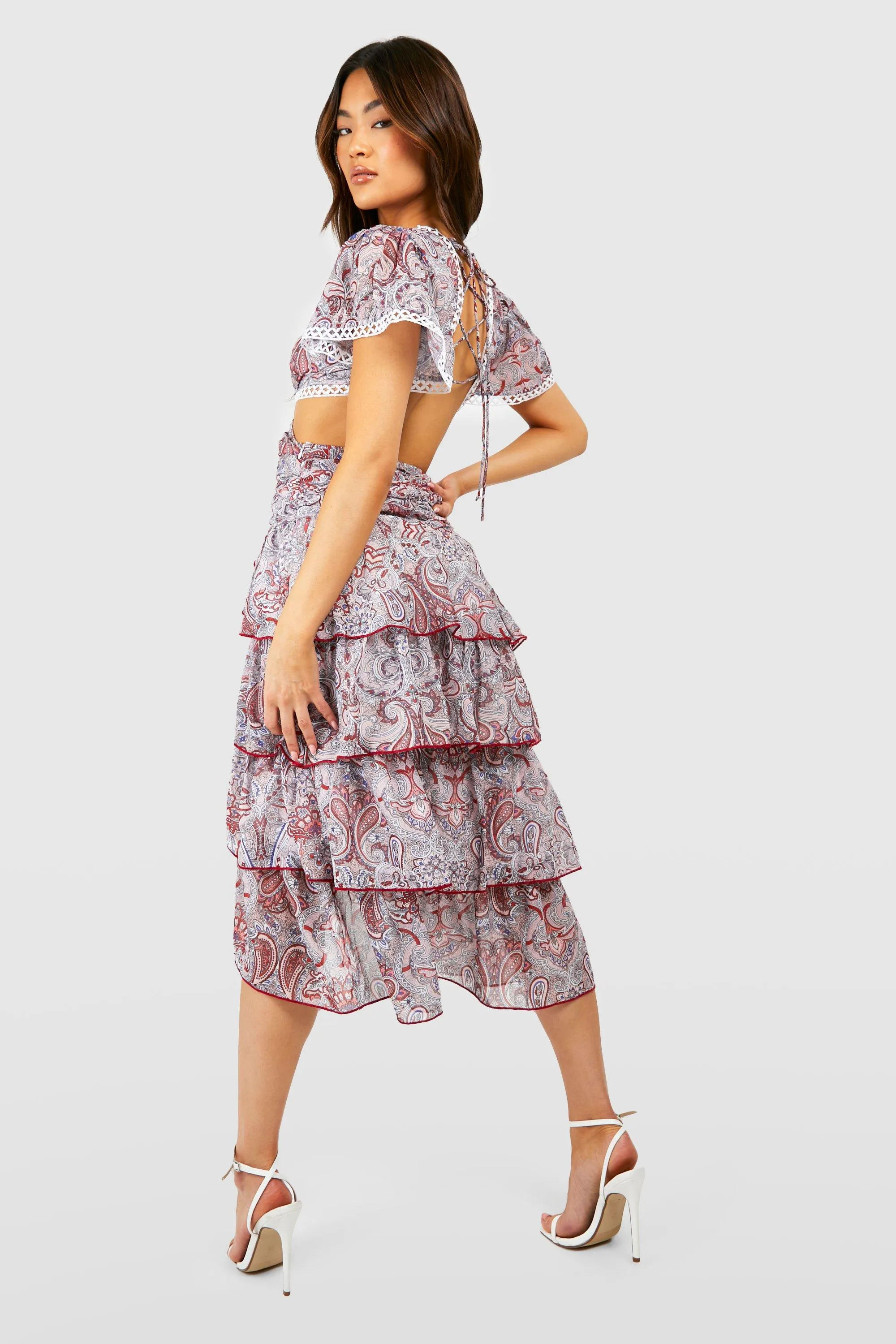 Boohoo Paisley Ruffle Midi Dress, Pink