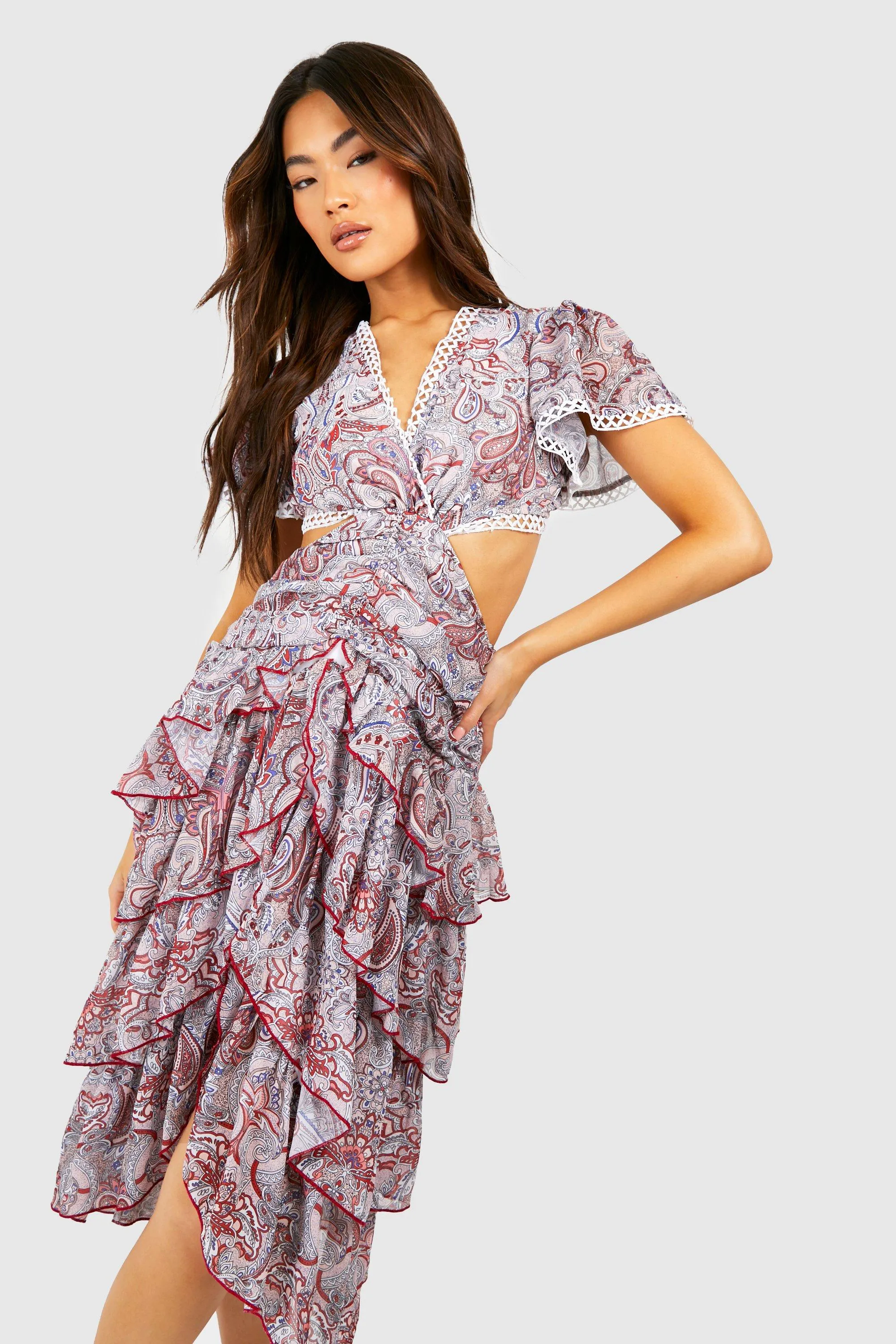 Boohoo Paisley Ruffle Midi Dress, Pink