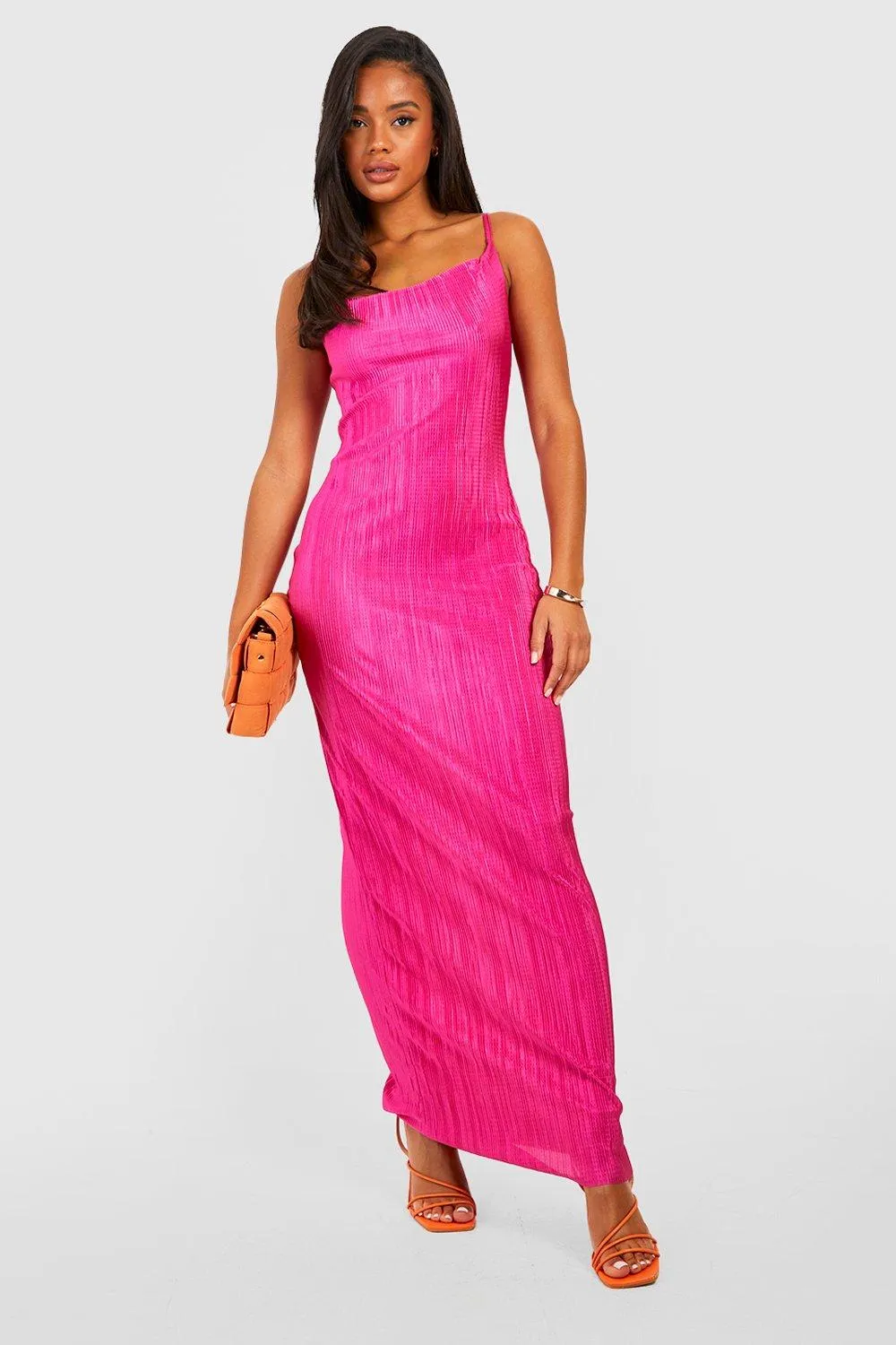 Boohoo Pleated Ruffle Maxi Dress in Fuchsia