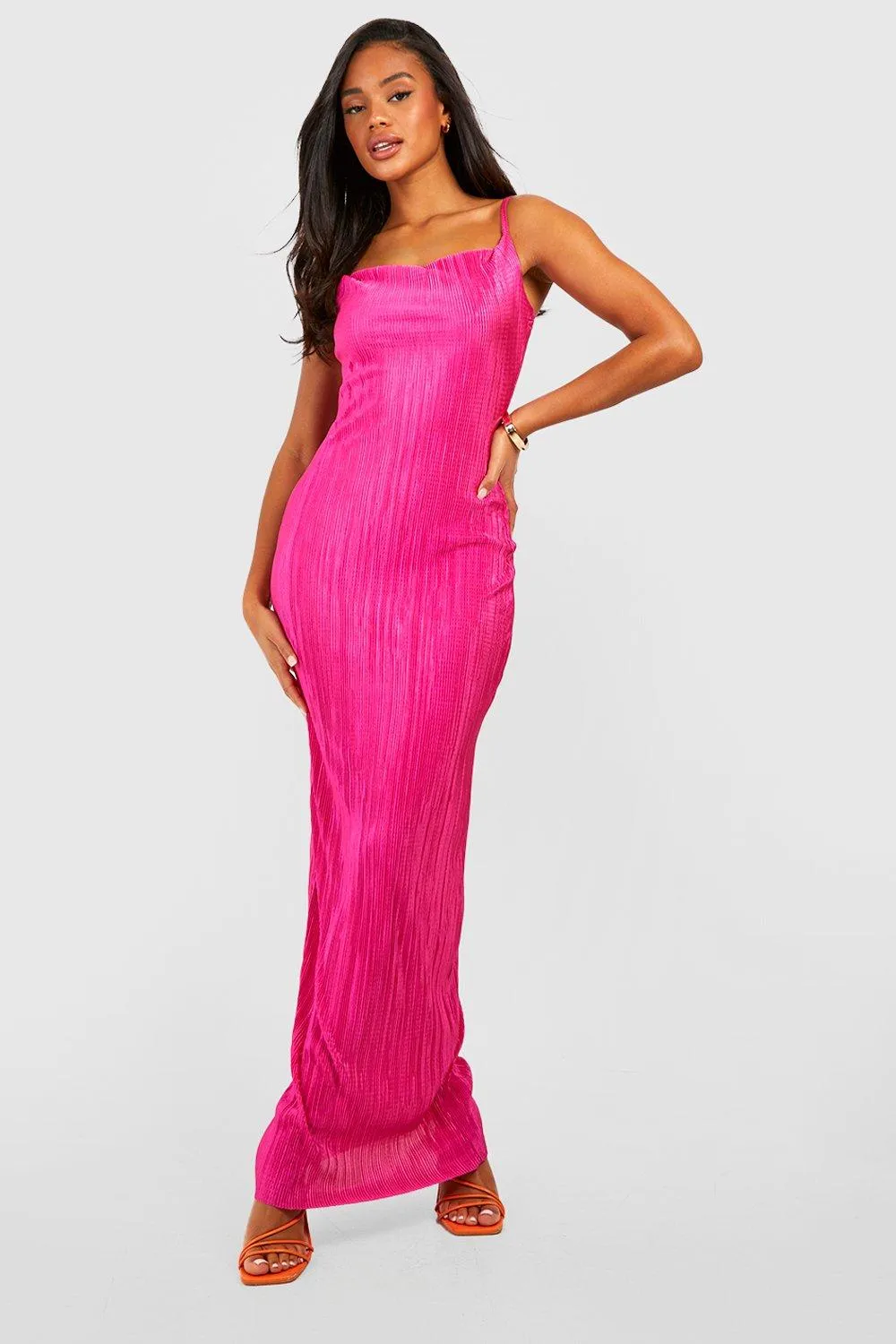 Boohoo Pleated Ruffle Maxi Dress in Fuchsia