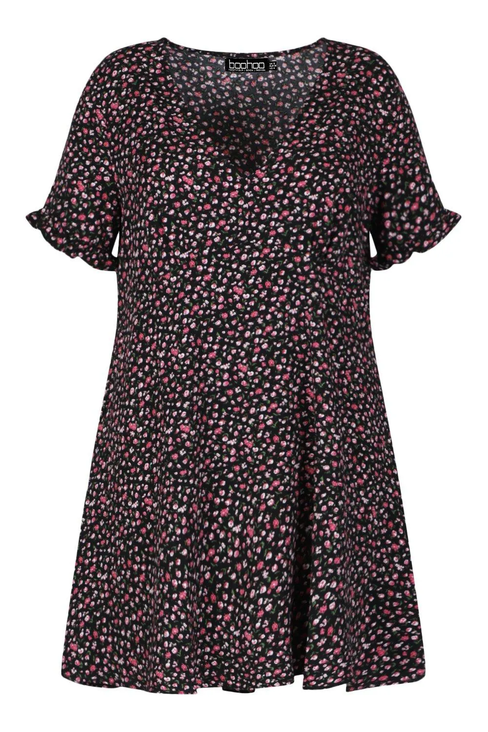 Boohoo plus ditsy floral ruffle dress, black