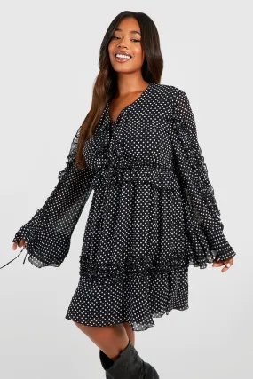 Boohoo Polka Dot Ruffle Chiffon Dress, Black