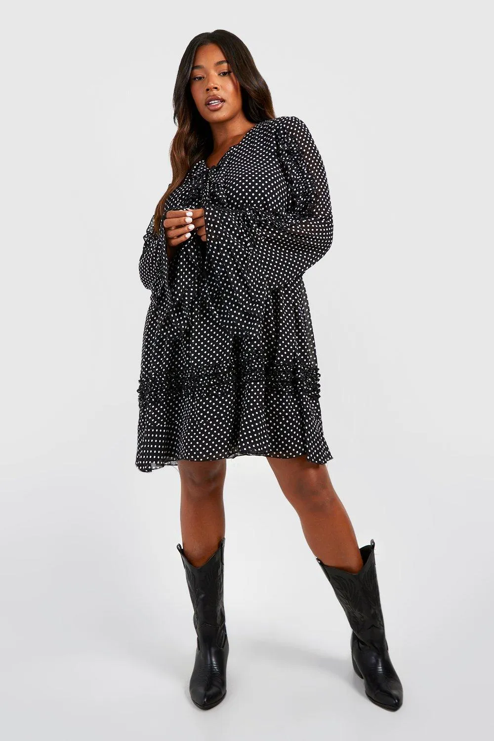 Boohoo Polka Dot Ruffle Chiffon Dress, Black