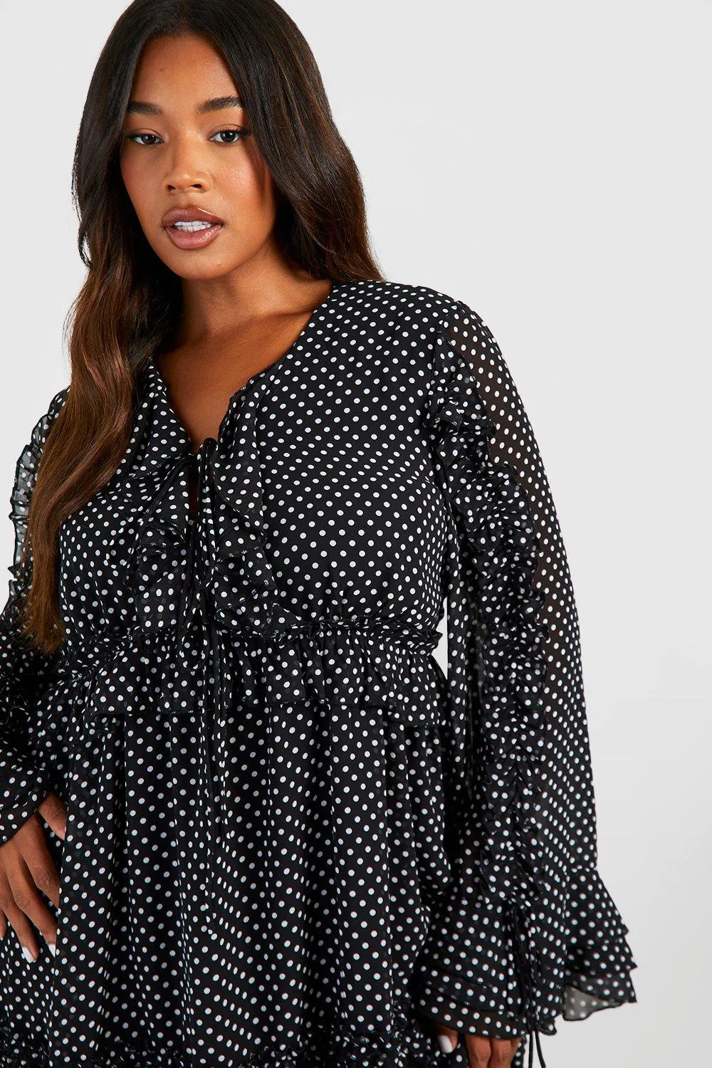 Boohoo Polka Dot Ruffle Chiffon Dress, Black