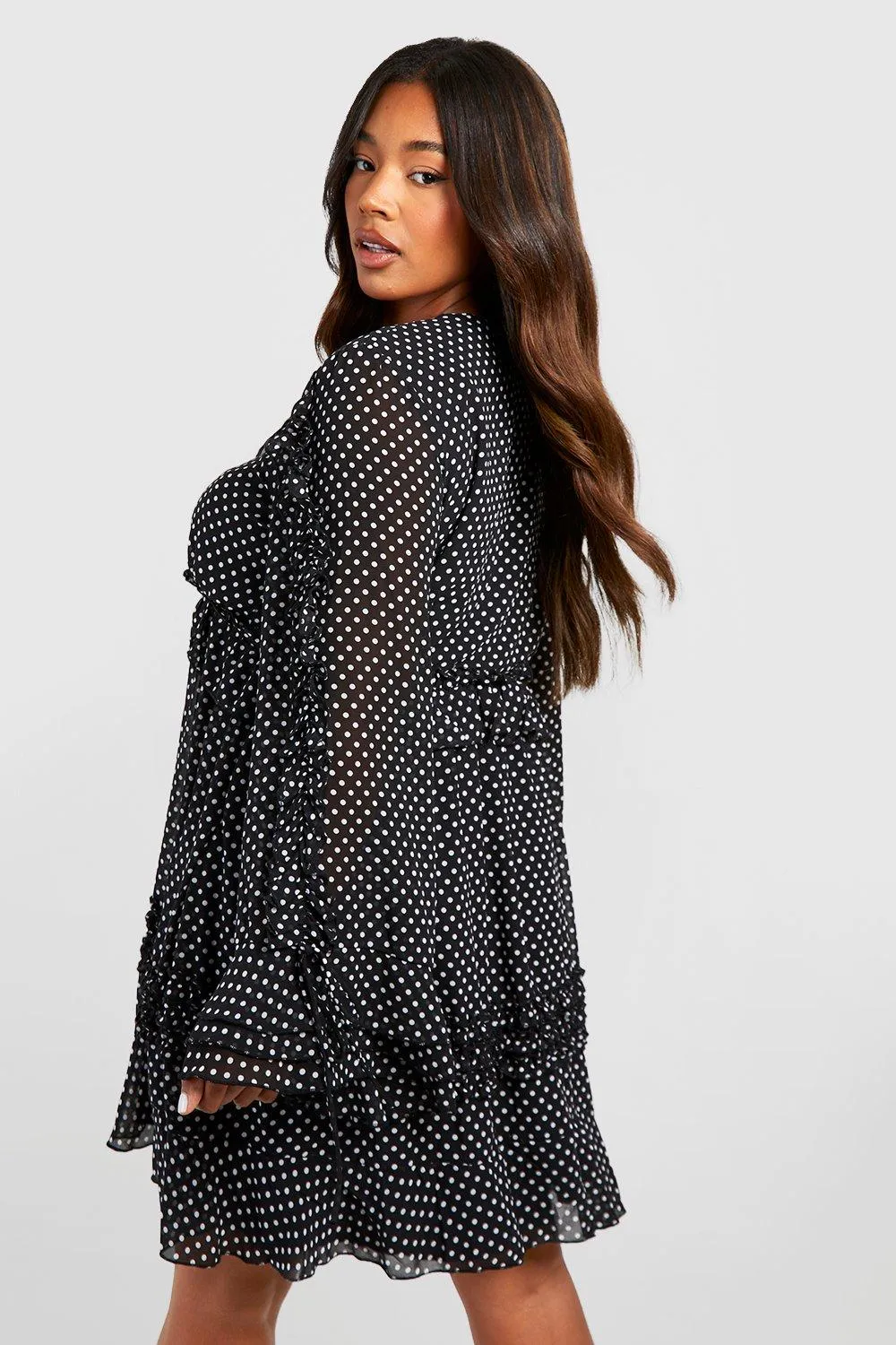 Boohoo Polka Dot Ruffle Chiffon Dress, Black