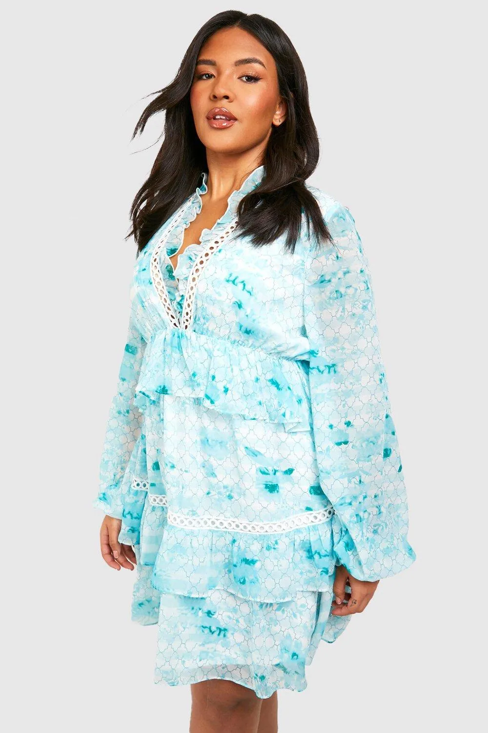 Boohoo Printed Ruffle Chiffon Dress, Green