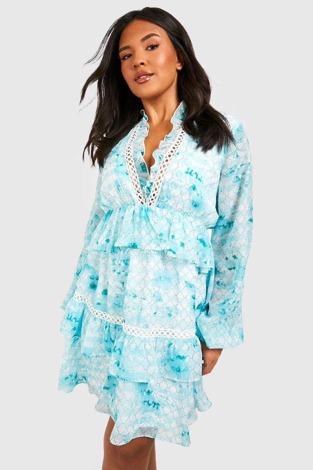 Boohoo Printed Ruffle Chiffon Dress, Green