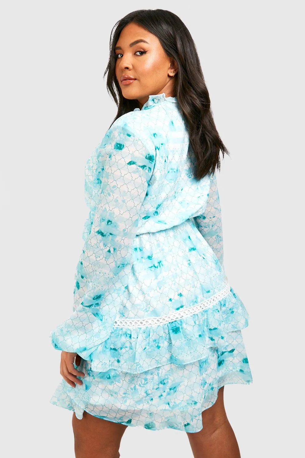 Boohoo Printed Ruffle Chiffon Dress, Green