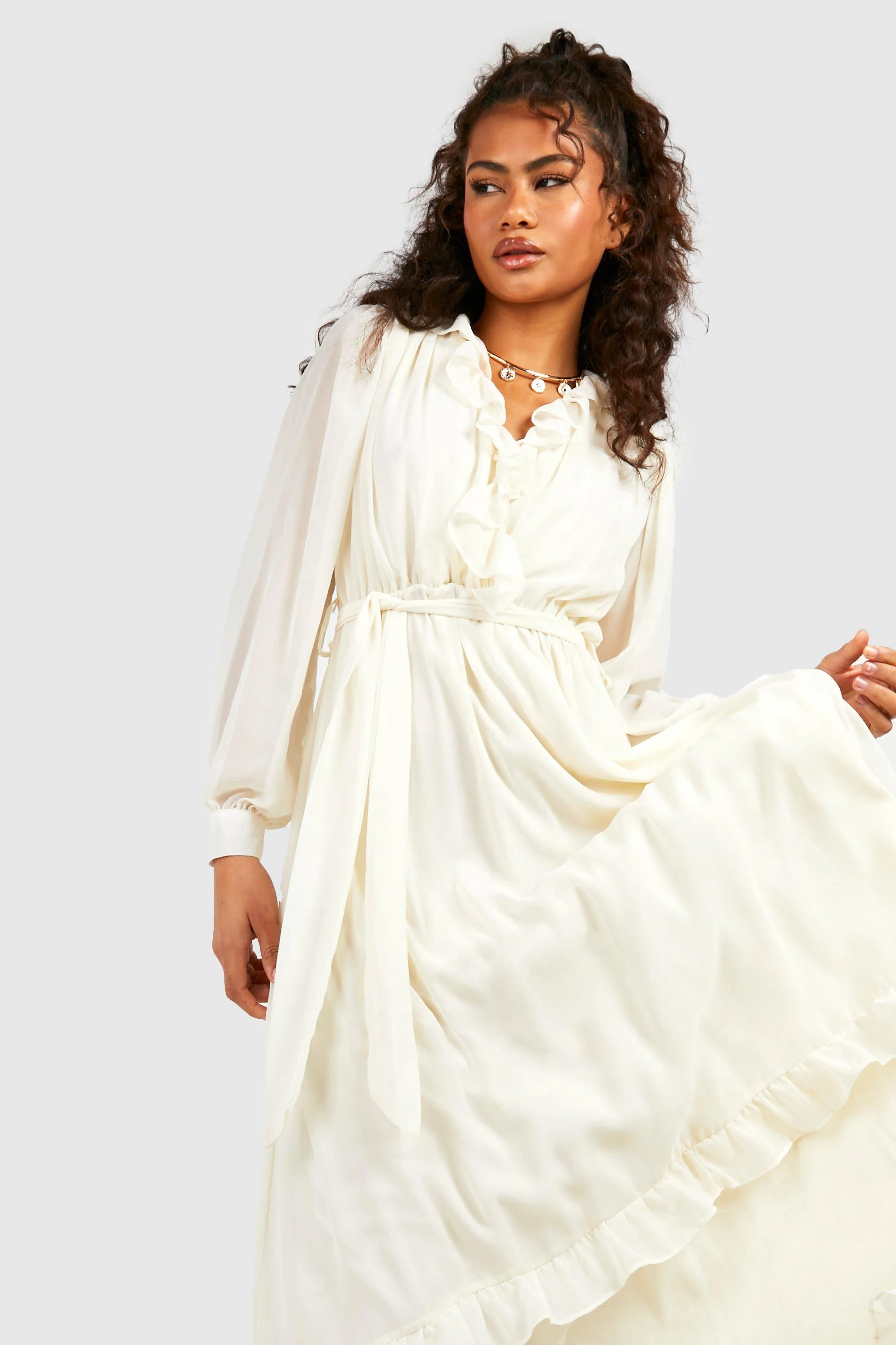 Boohoo Ruffle Boho Chiffon Maxi Dress, Cream