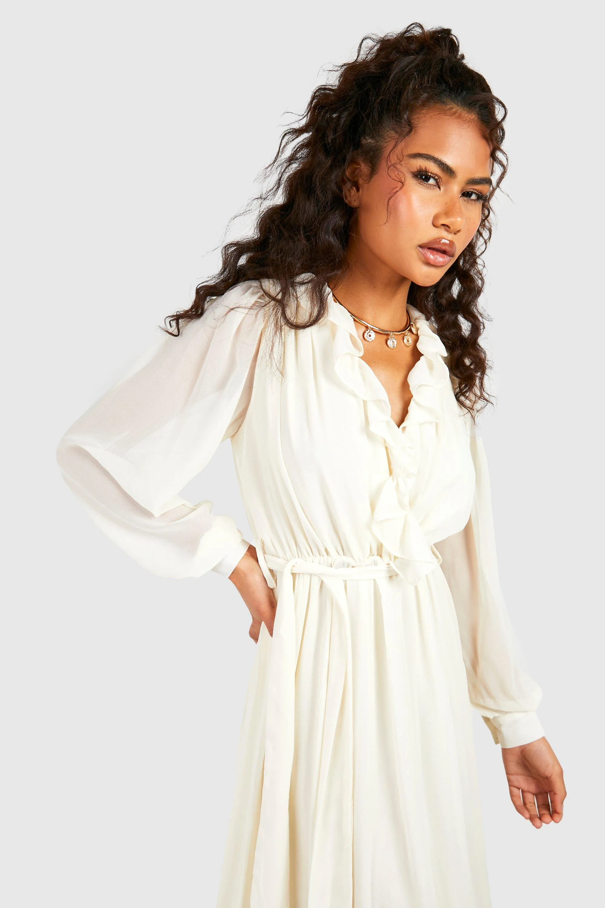 Boohoo Ruffle Boho Chiffon Maxi Dress, Cream